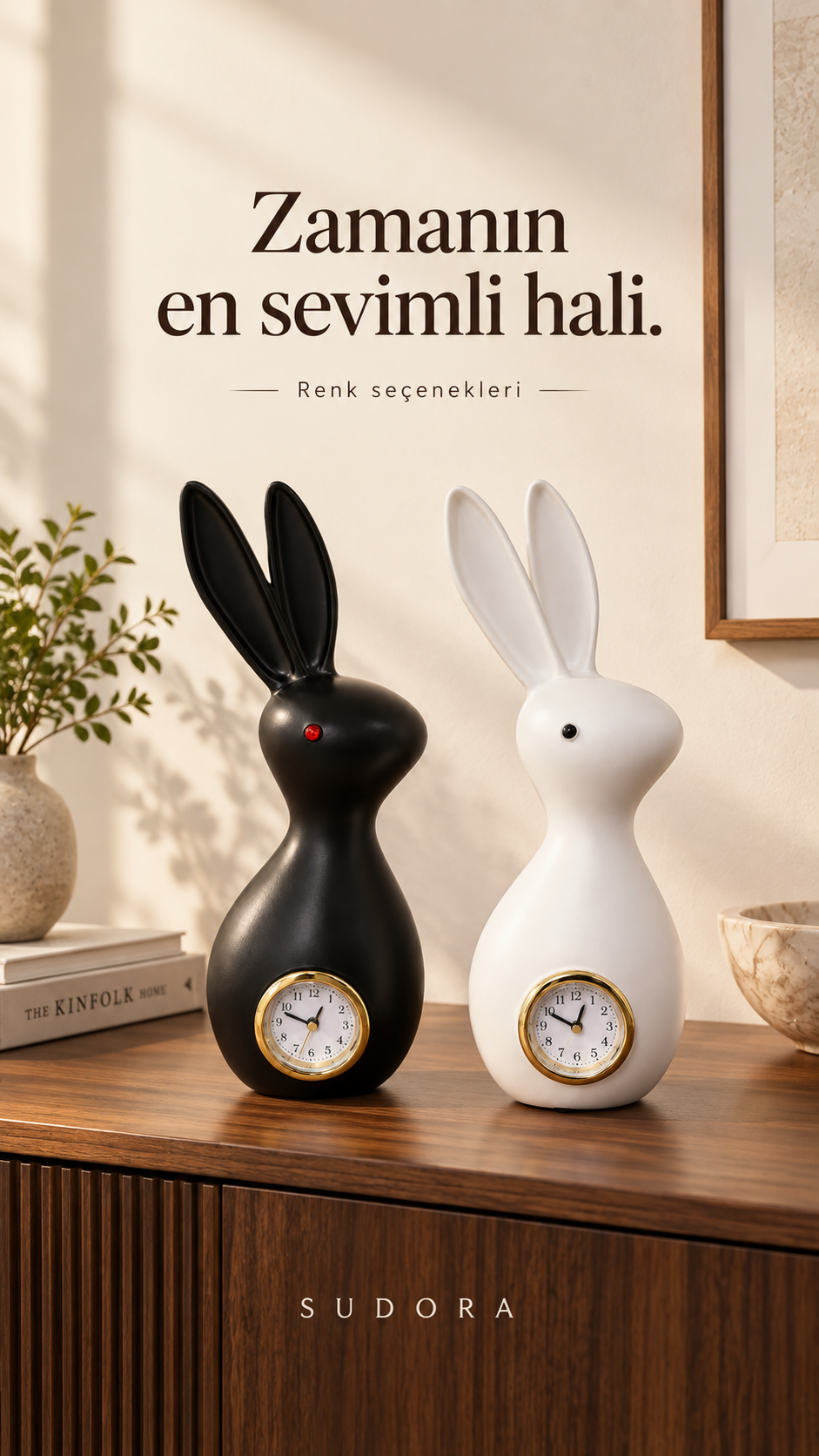 SUDORA Tavşan Figürlü Dekoratif Masa Saati Reçine 27 cm