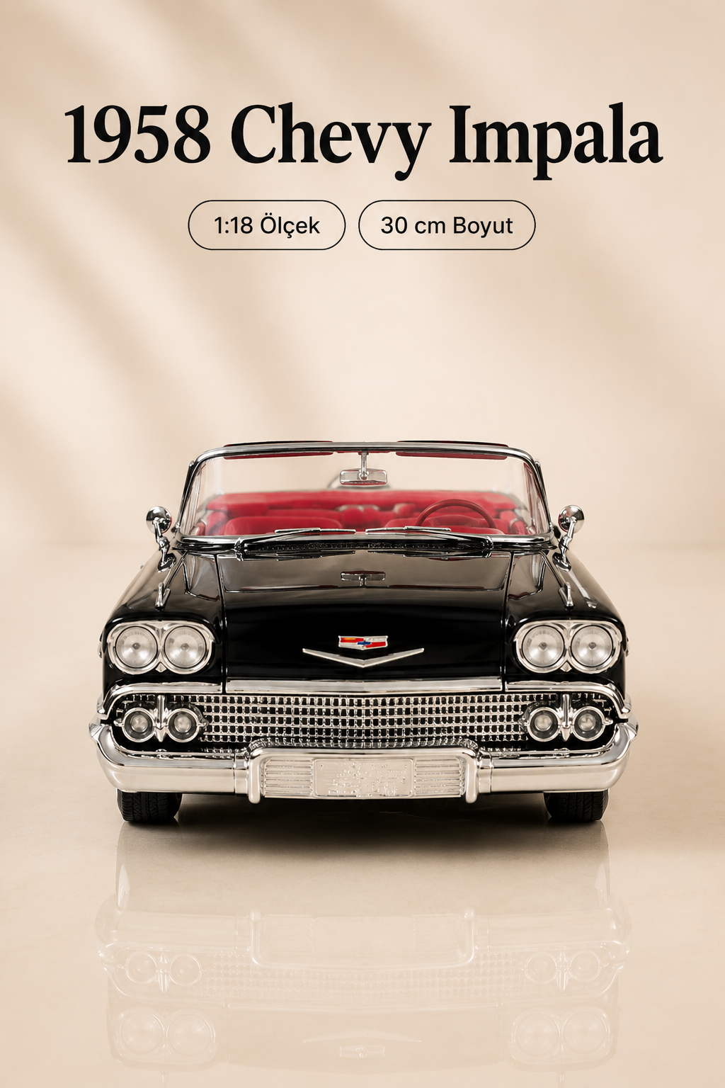 1958 Chevrolet Impala Siyah Cabrio 1:18 Ölçek 30 cm Model Araba