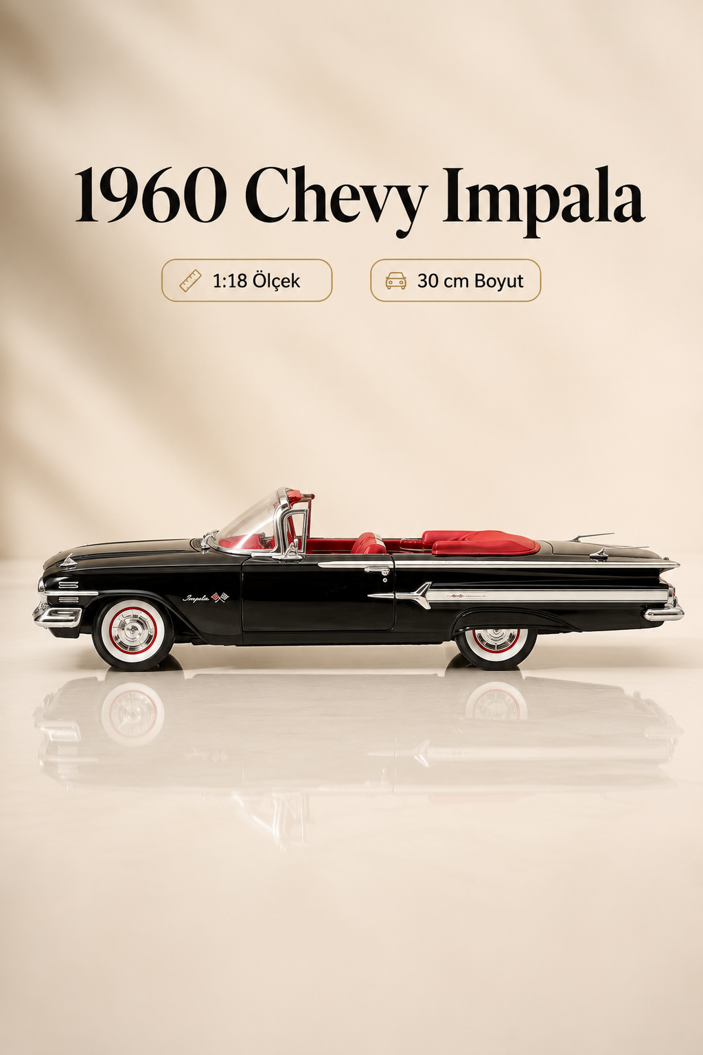 1960 Chevrolet Impala Siyah Cabrio 1:18 Ölçek 30 cm Model Araba