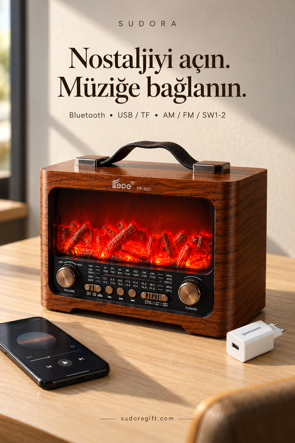 FP-821 Şömine Görünümlü FM Radyo & Bluetooth Hoparlör