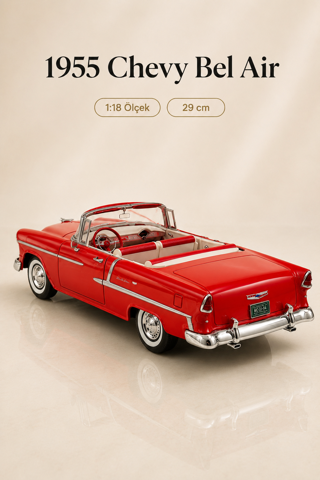 1955 Chevy Bel Air Kırmızı 1:18 Ölçek Diecast Model Araba – 29 cm Çıkarılabilir Tavanlı Koleksiyonluk Klasik Araç