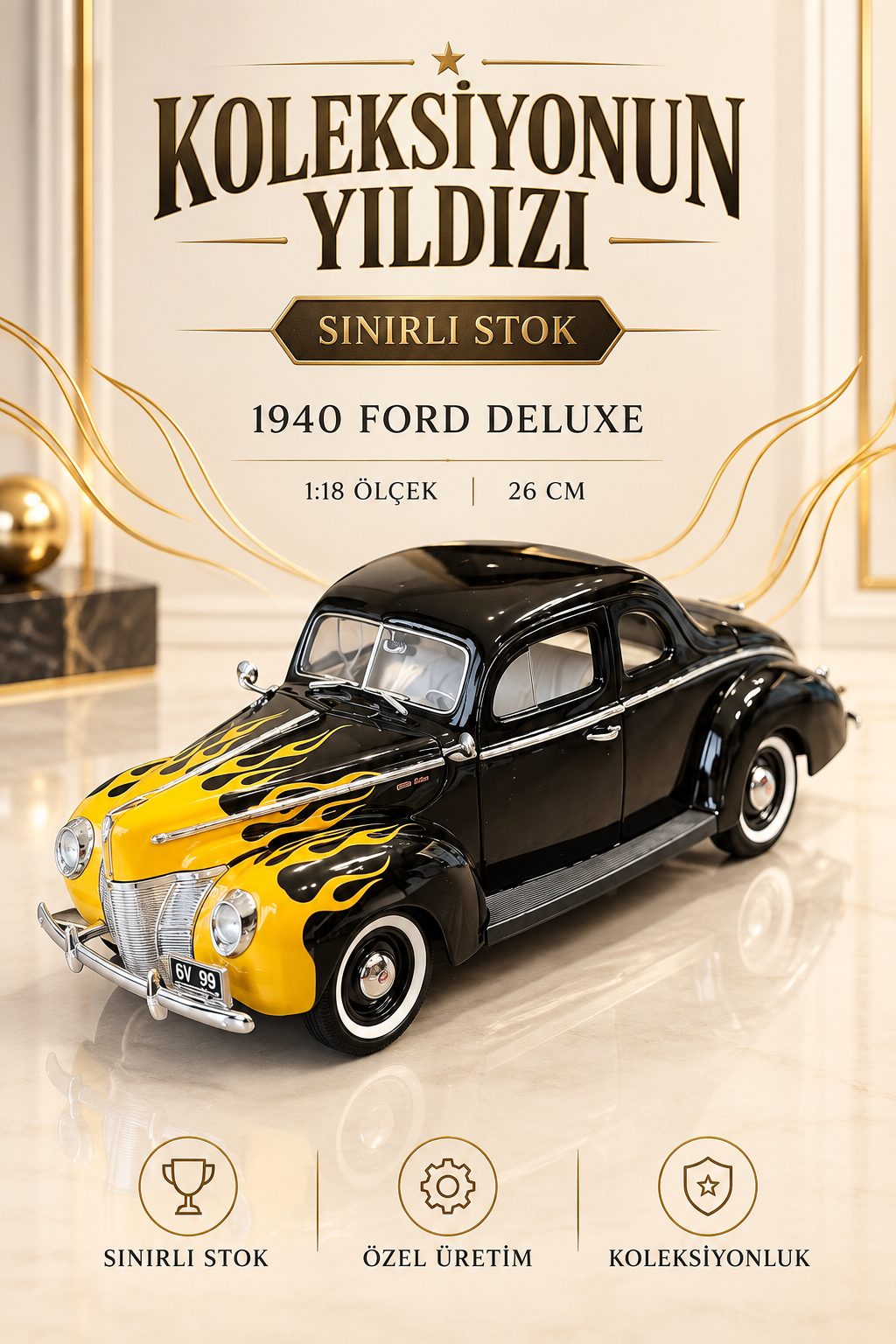 1940 Ford Deluxe Alev Desenli 1:18 Özel Üretim Model Araba | 26 cm