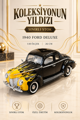 1940 Ford Deluxe Alev Desenli 1:18 Özel Üretim Model Araba | 26 cm