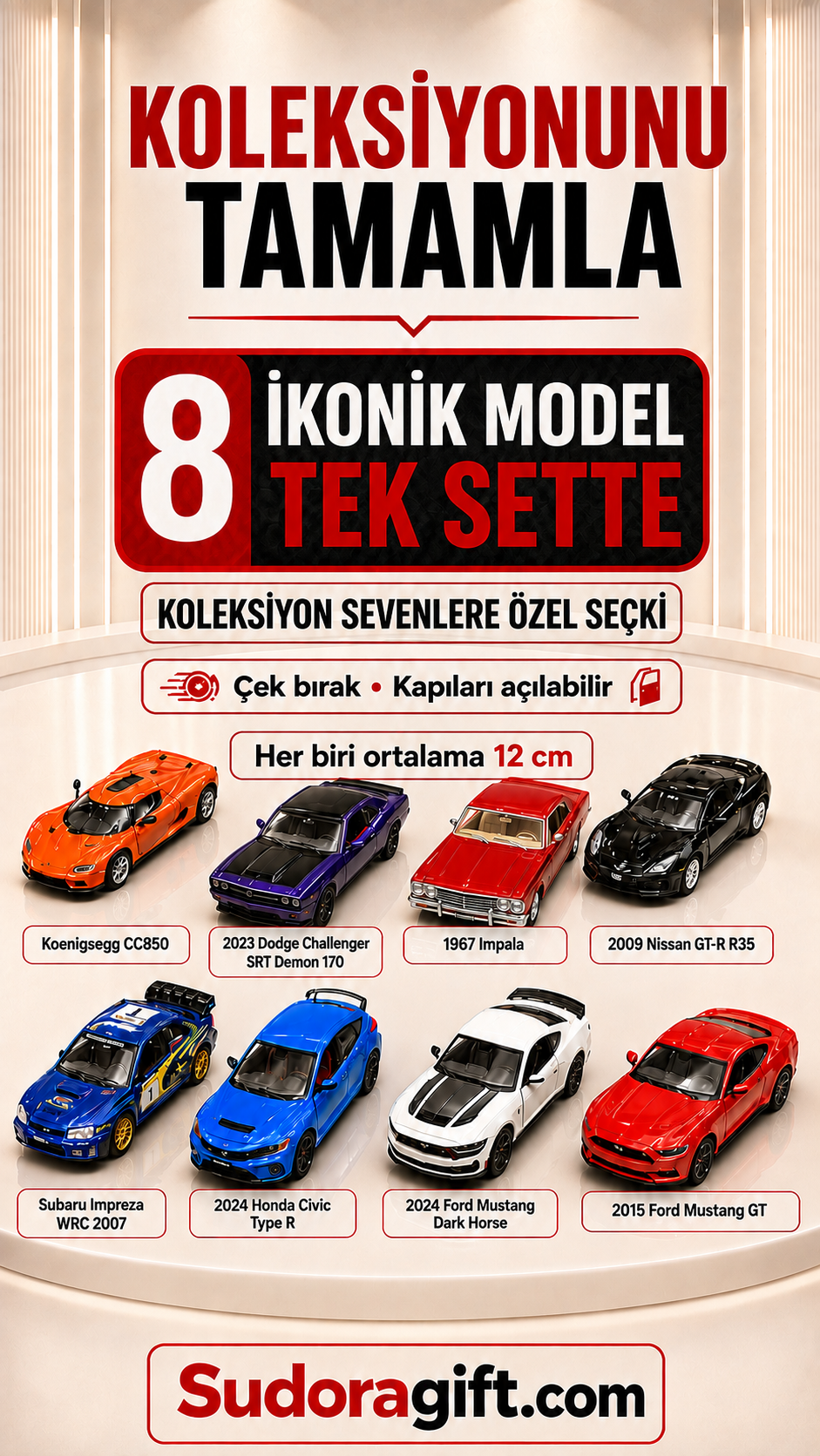 Die-Cast Koleksiyonluk Araba Seti - 8 Model Tek Pakette