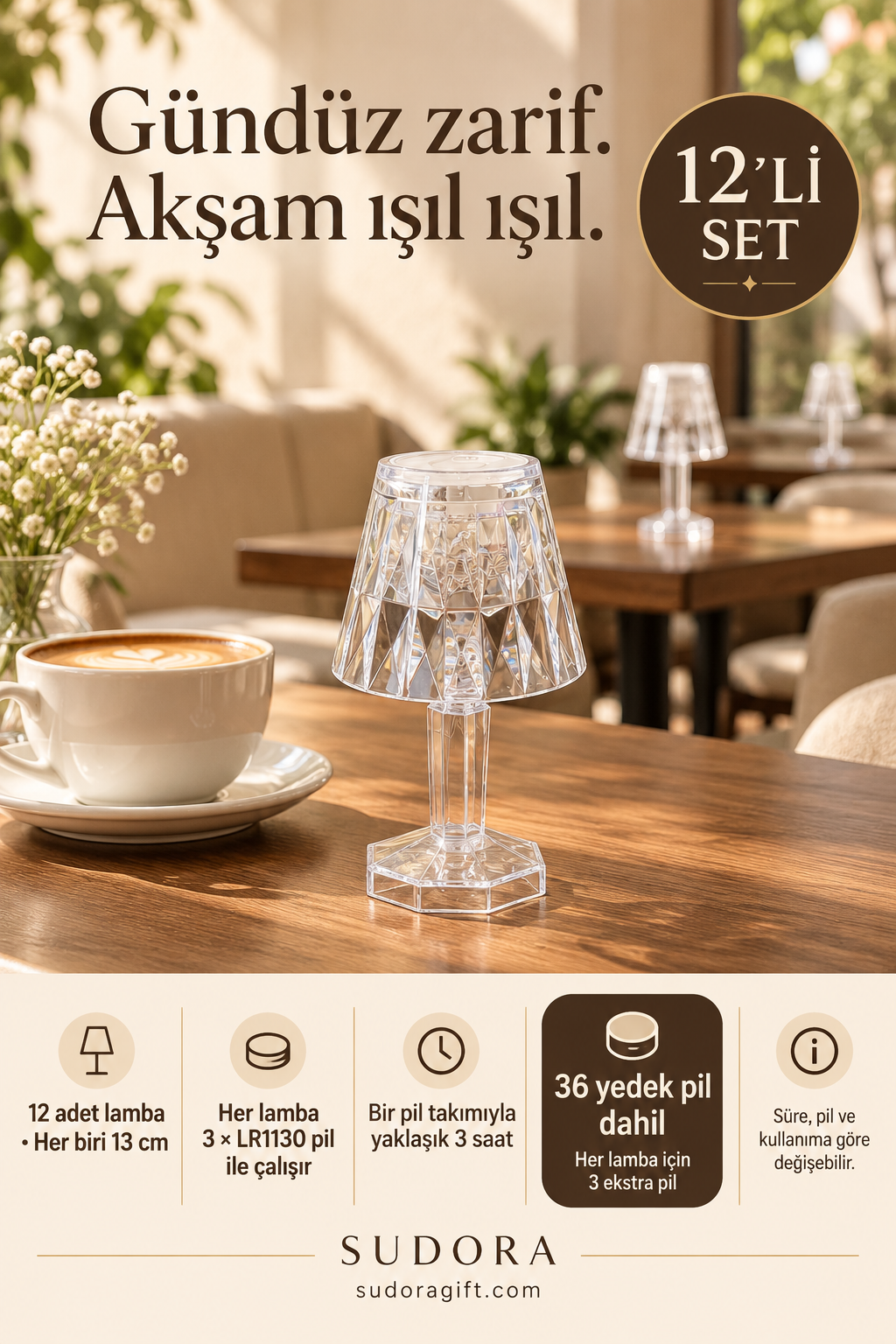 Sudora 12’li Mini LED Masa Lambası Seti 13 cm Pilli Kafe Restoran Dekoru + Yedek Pilli