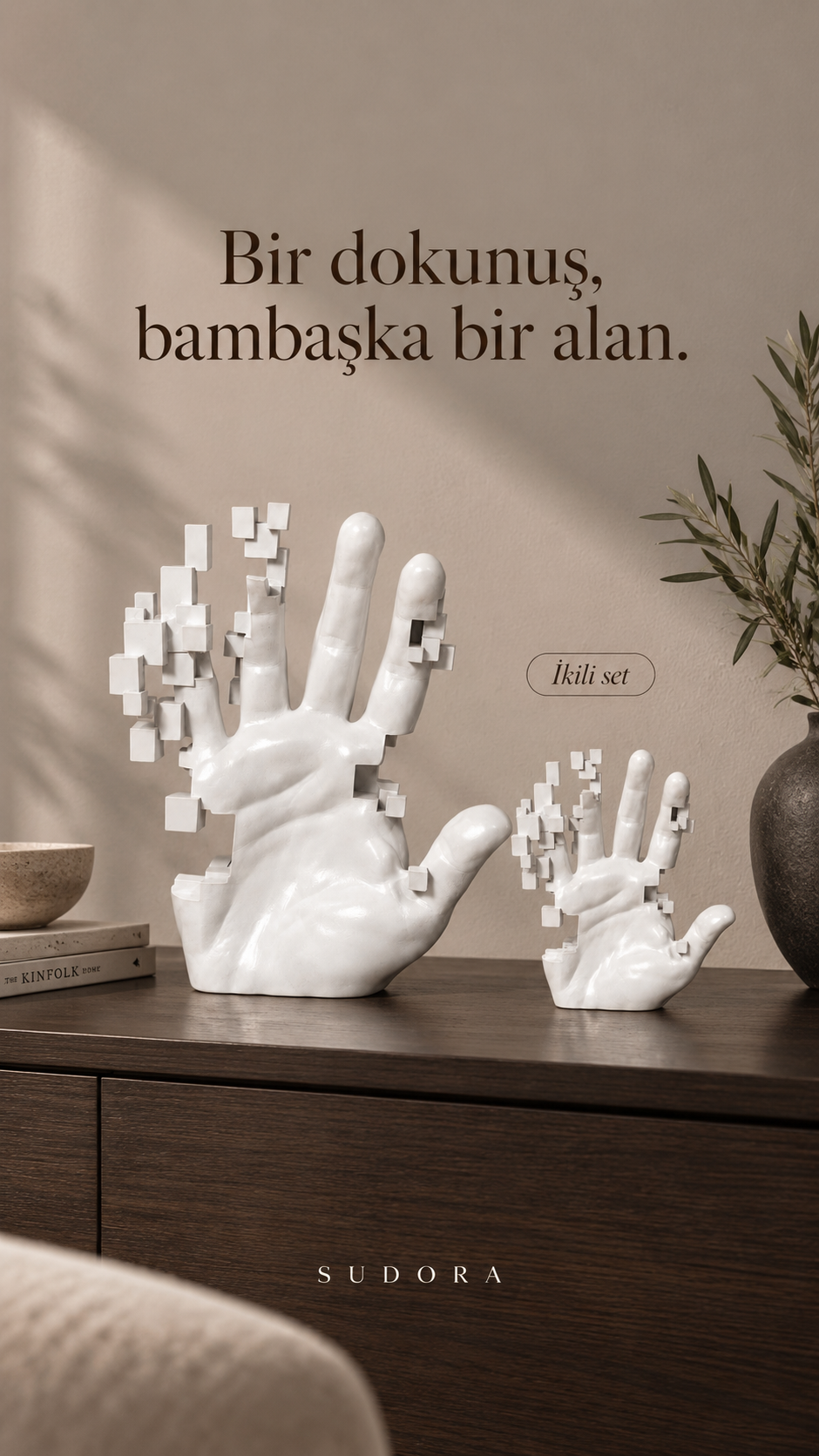 SUDORA Geometrik El Biblosu Büyük ve Küçük 2 Parça Beyaz Reçine Set
