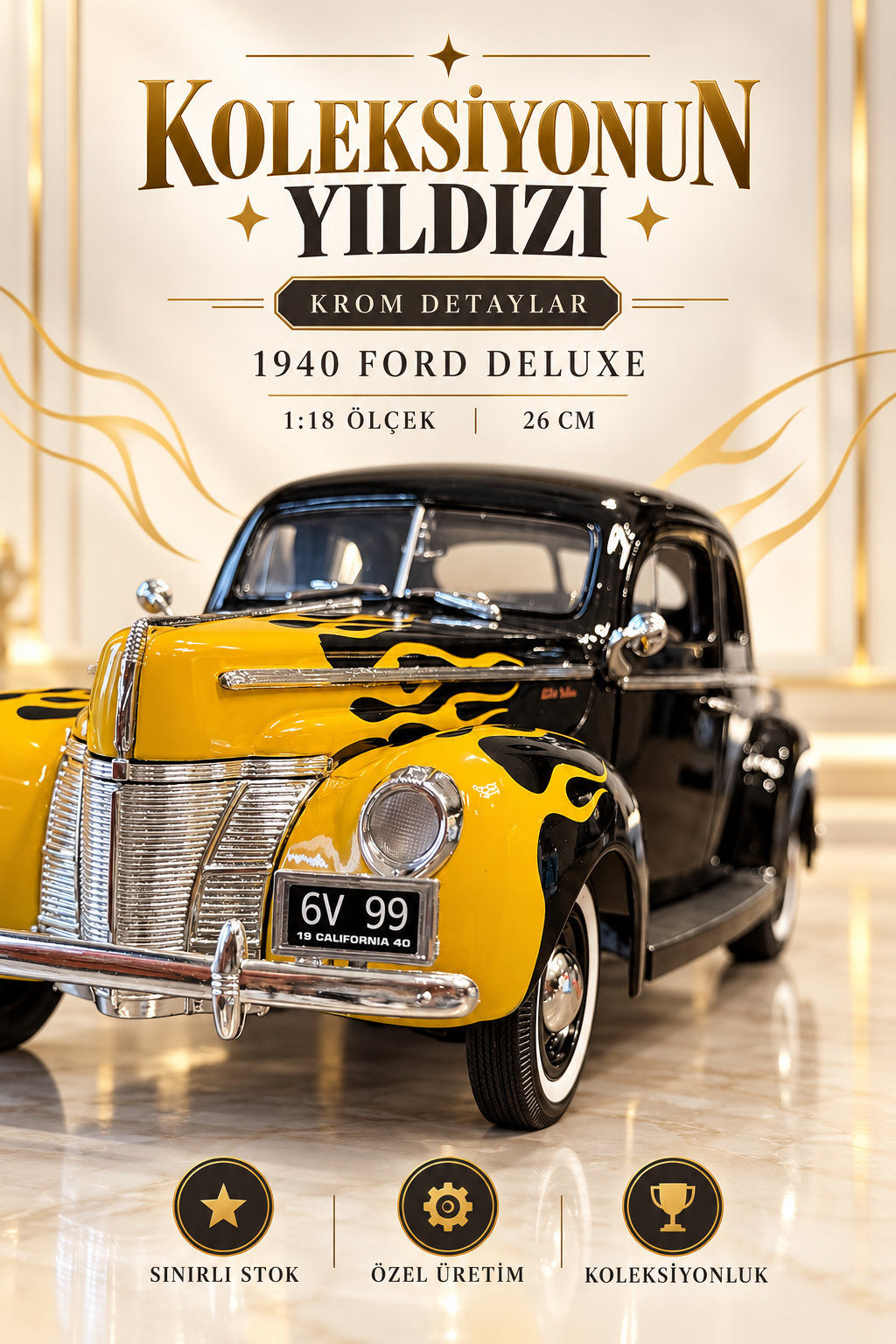 1940 Ford Deluxe Alev Desenli 1:18 Özel Üretim Model Araba | 26 cm