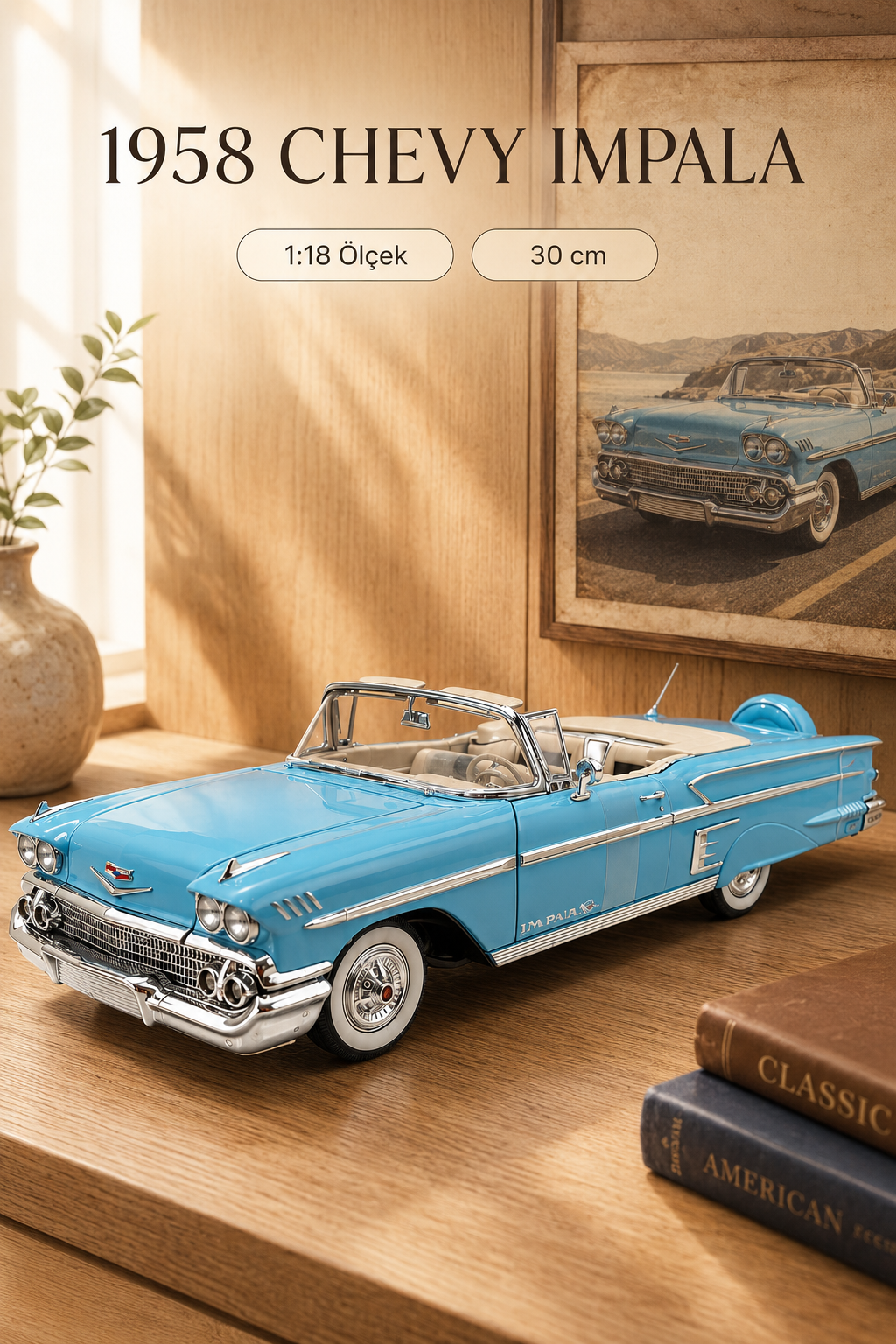 1958 Chevrolet Impala Mavi Cabrio 1:18 Ölçek 30 cm Model Araba