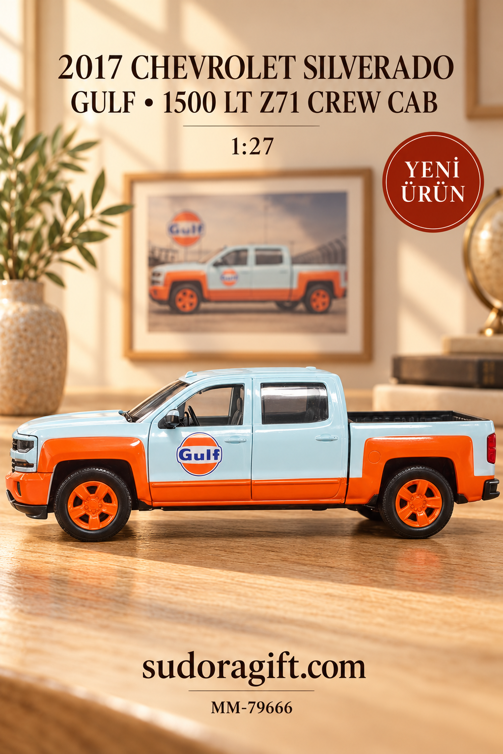 Motormax Gulf 2017 Chevrolet Silverado 1500 LT Z71 Crew Cab 1:27 Metal Model Araba – MM-79666 – Sol Gorunum