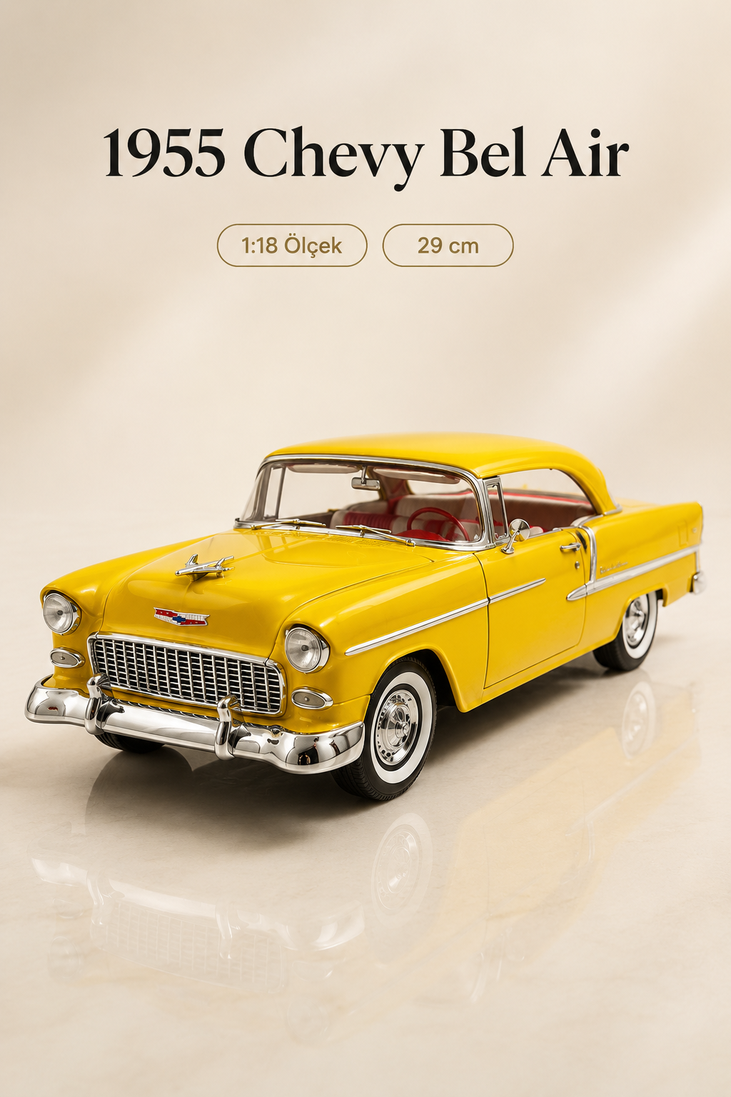 1955 Chevy Bel Air Sarı 1:18 Ölçek Diecast Model Araba – 29 cm Çıkarılabilir Tavanlı Koleksiyonluk Klasik Araç