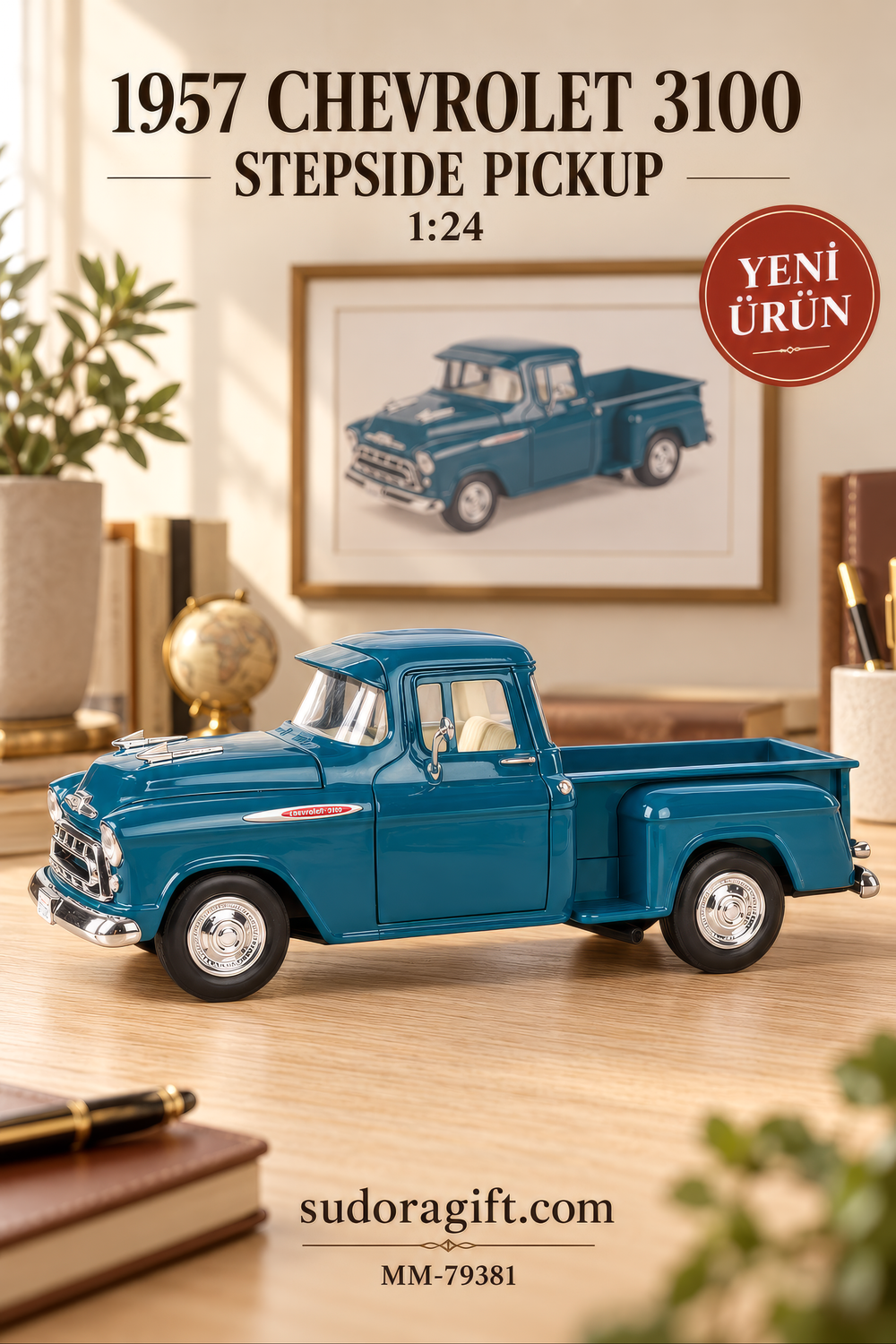 Motormax 1957 Chevrolet 3100 Stepside Pickup 1:24 Metal Model Araba – MM-79381 – Sol Gorunum