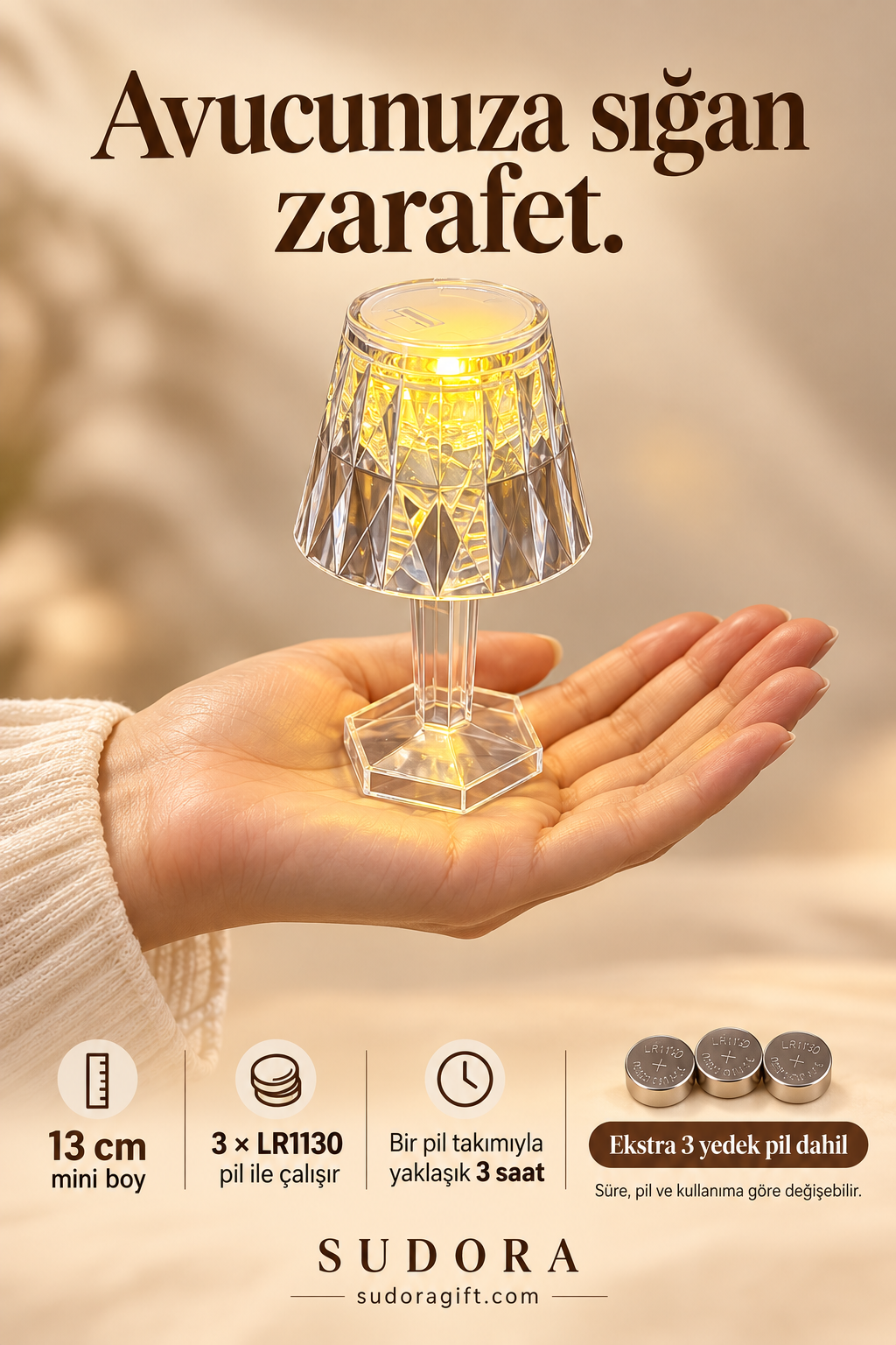 Mini LED Masa Lambası Kristal Görünümlü Pilli Dekoratif Abajur 13 cm + 3 Yedek Pil