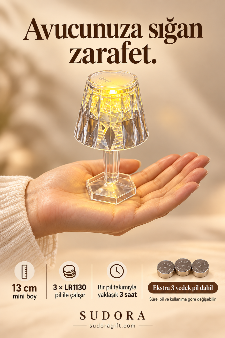 Mini LED Masa Lambası Kristal Görünümlü Pilli Dekoratif Abajur 13 cm + 3 Yedek Pil