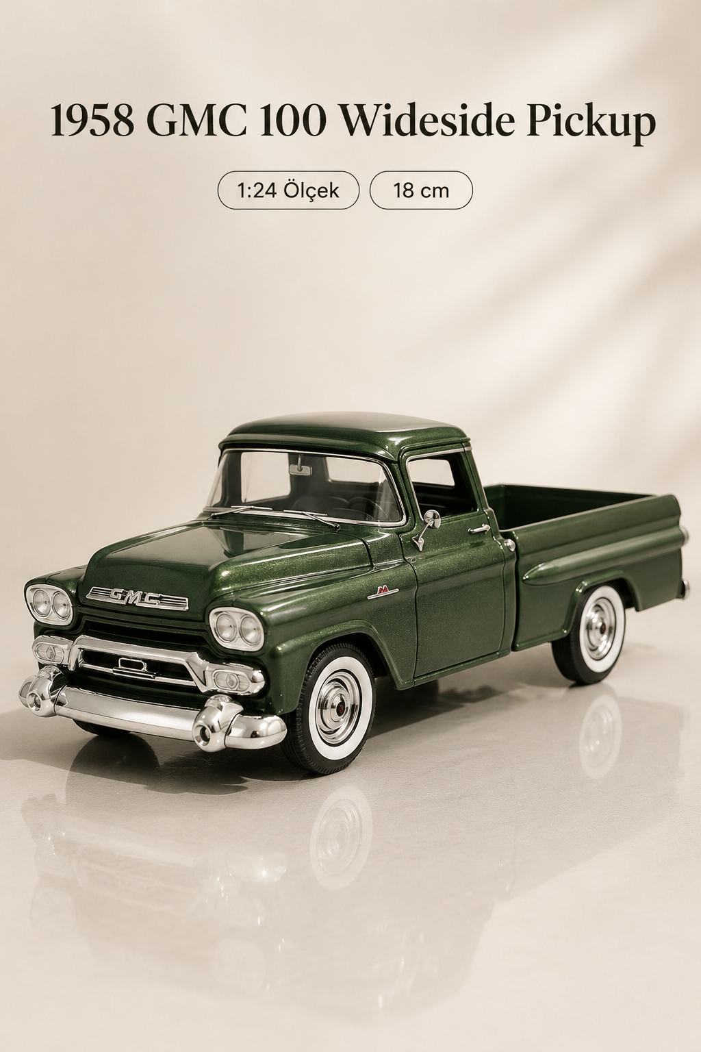 1958 GMC 100 Wideside Pickup Koyu Yeşil 1:24 Ölçek 18 cm Model Araba