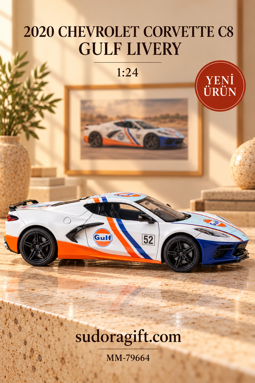 Motormax Gulf 2020 Chevrolet Corvette C8 1:24 Metal Model Araba – MM-79664 – Sag Gorunum