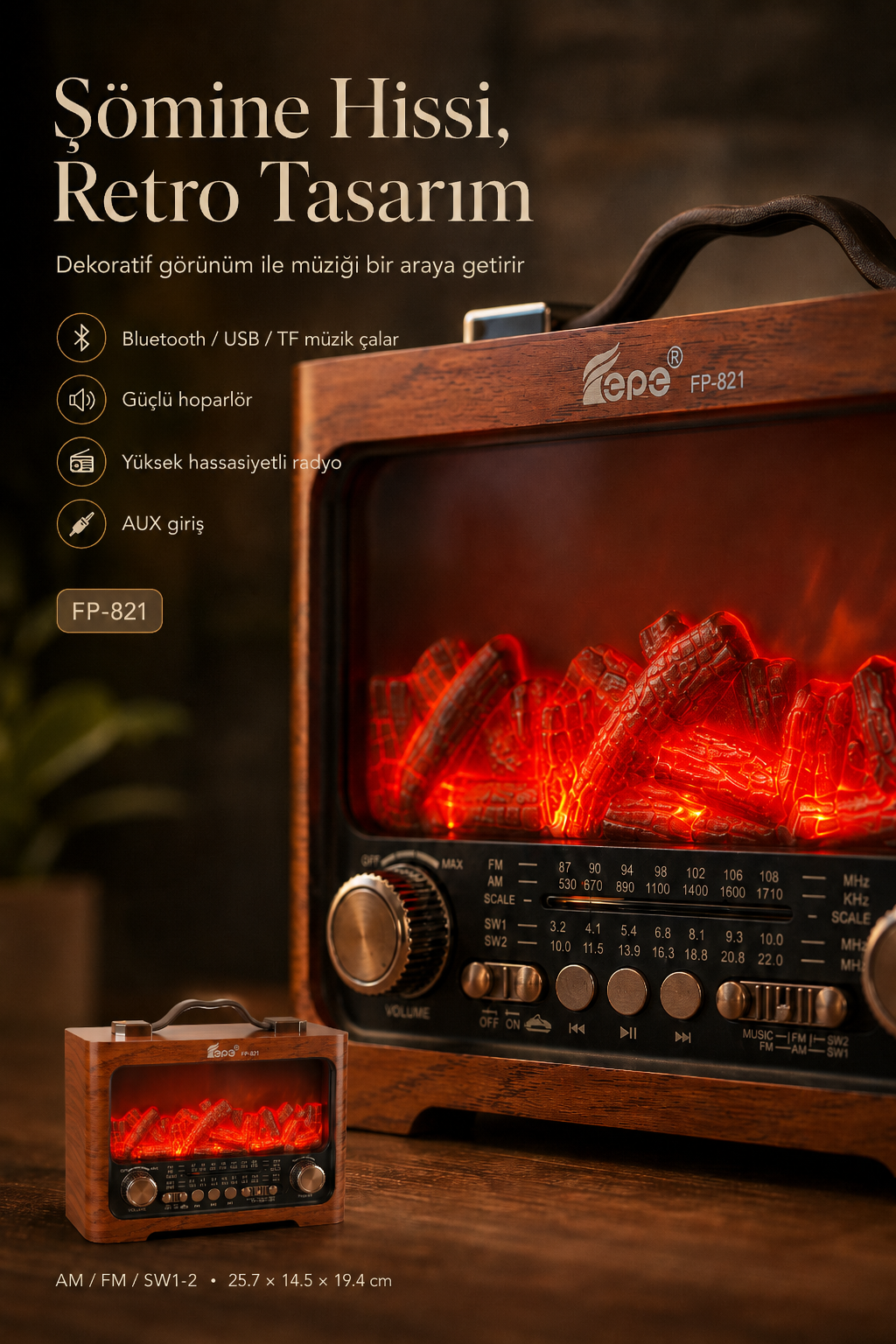 FP-821 Şömine Görünümlü FM Radyo & Bluetooth Hoparlör