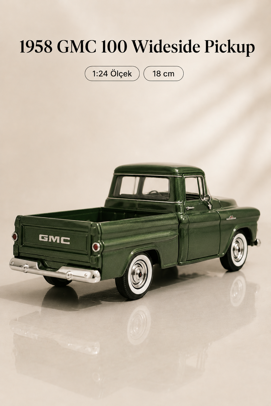 1958 GMC 100 Wideside Pickup Koyu Yeşil 1:24 Ölçek 18 cm Model Araba