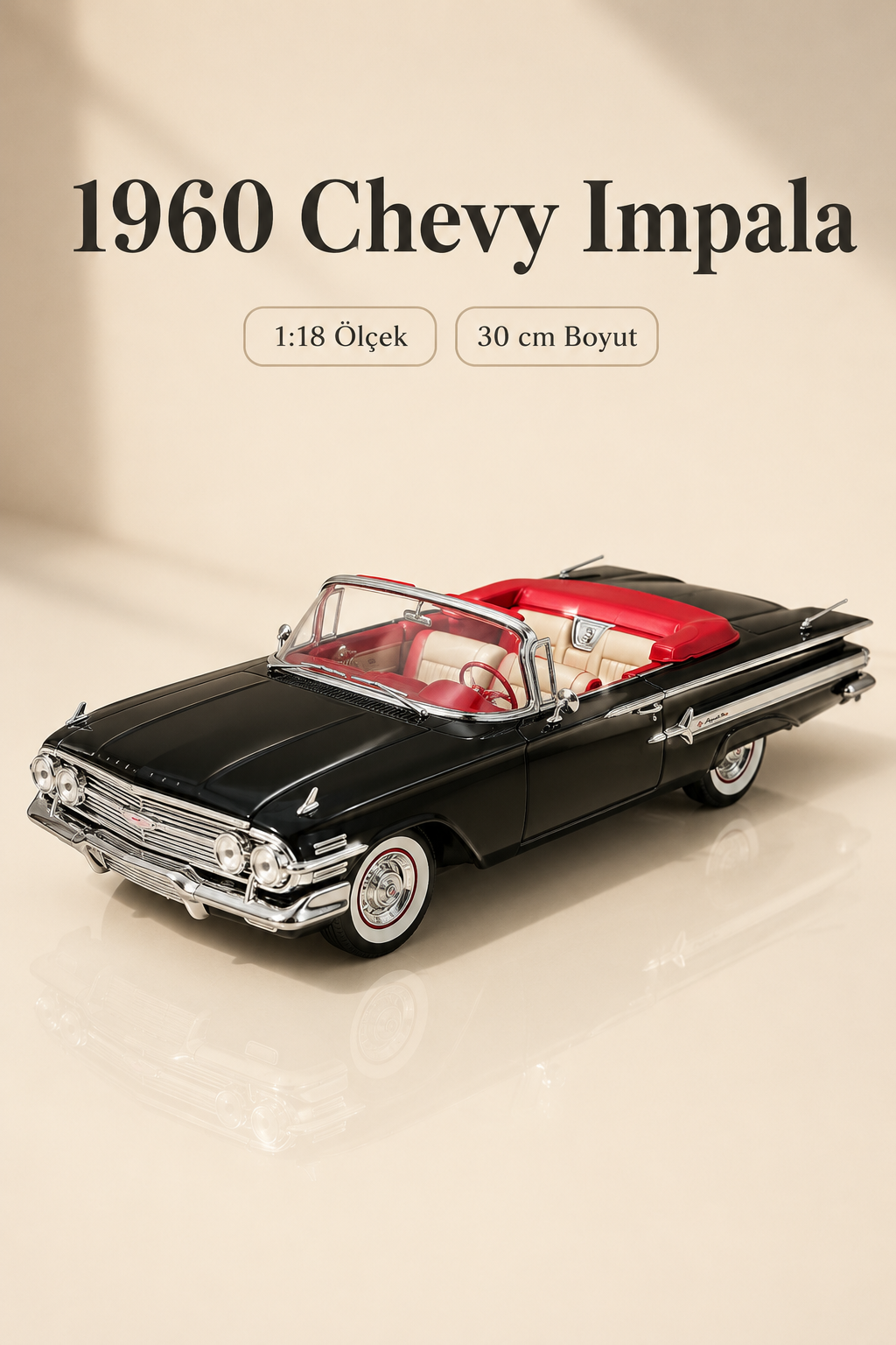 1960 Chevrolet Impala Siyah Cabrio 1:18 Ölçek 30 cm Model Araba