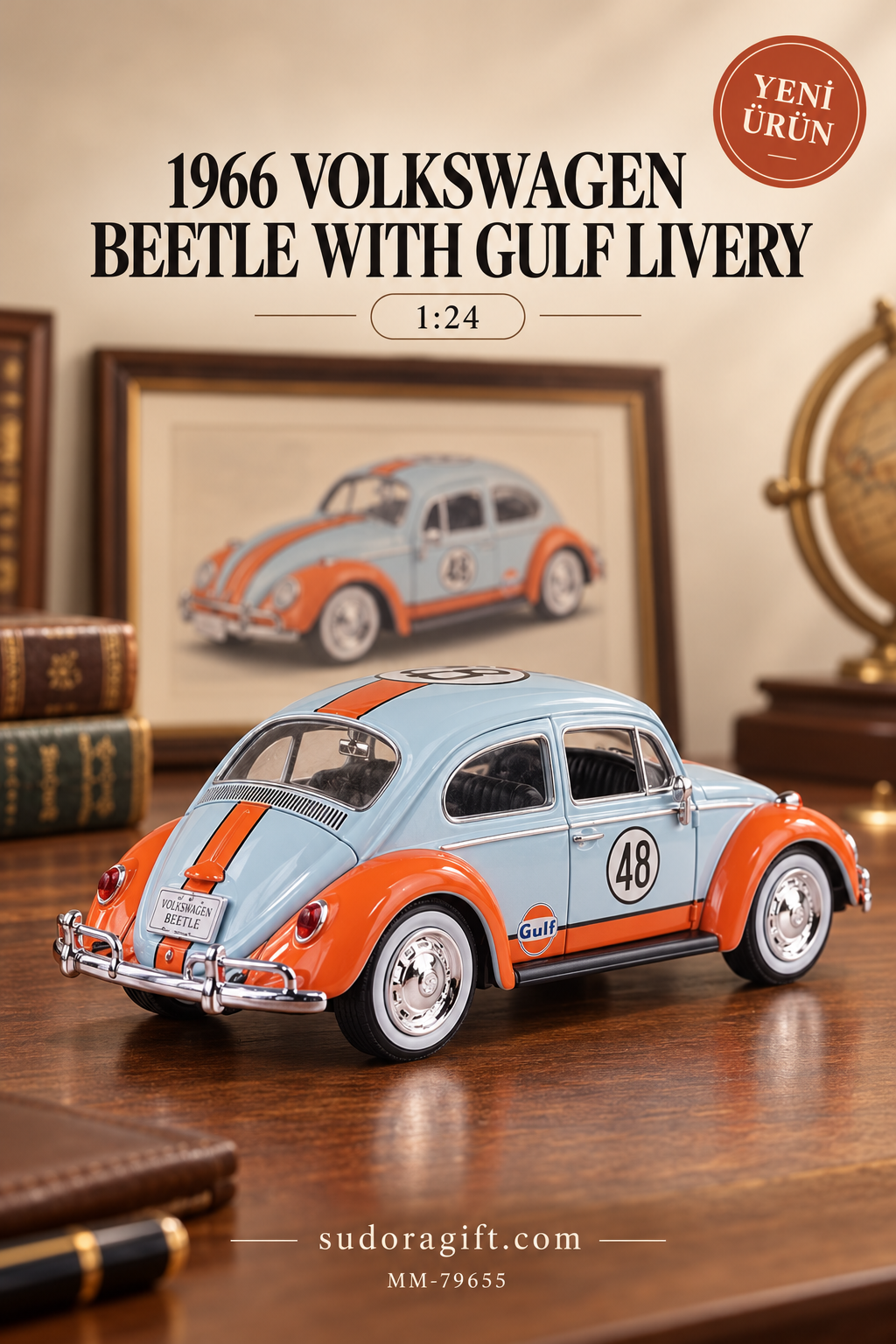 Motormax 1966 Volkswagen Beetle Gulf 1:24 Metal Model Araba – MM-79655 – Arka görünüm