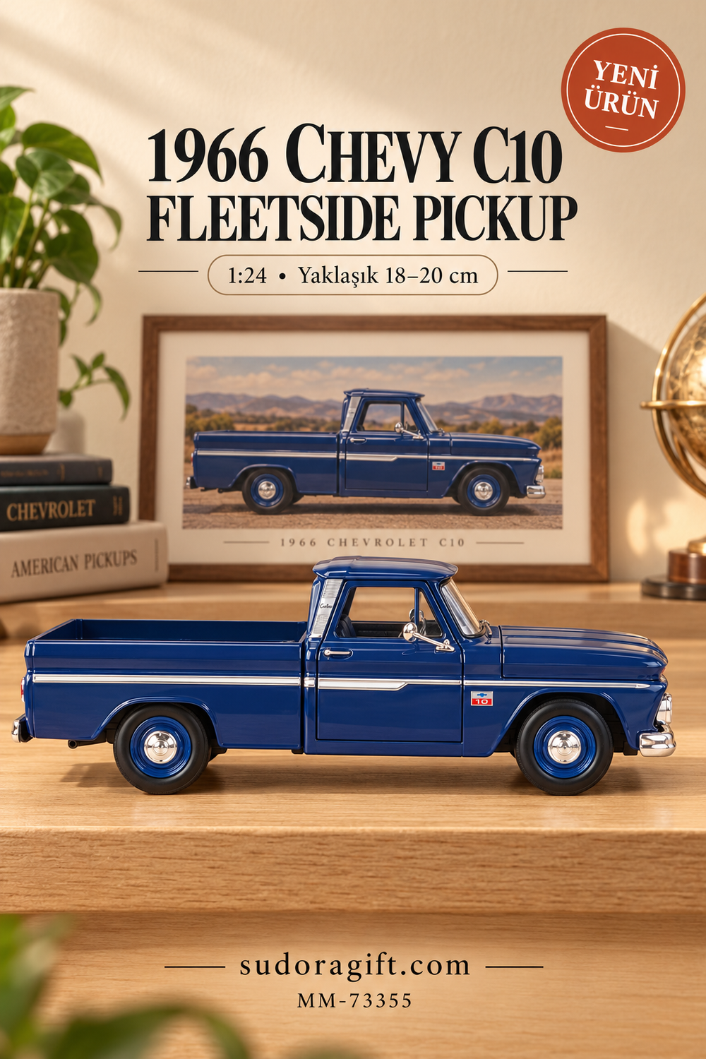 Motormax 1966 Chevrolet C10 Fleetside Pickup 1:24 Metal Model Araba – MM-73355 – Sağ görünüm