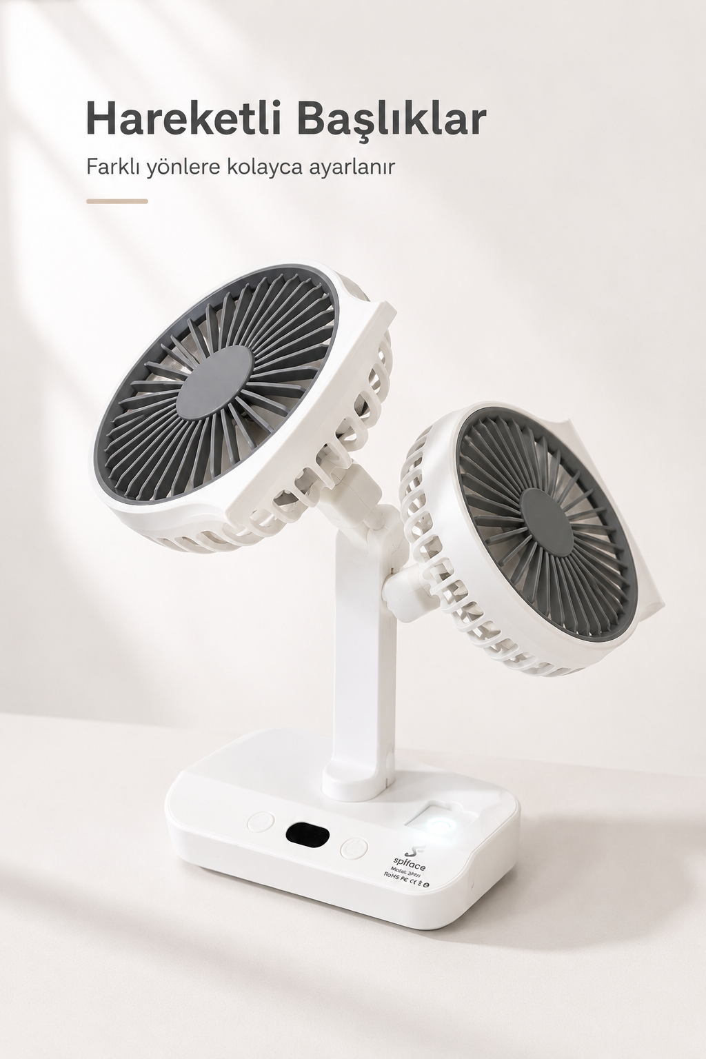 Çok Yönlü Taşınabilir Vantilatör – Çift Başlıklı, Asılabilir ve LED Işıklı Mini Fan
