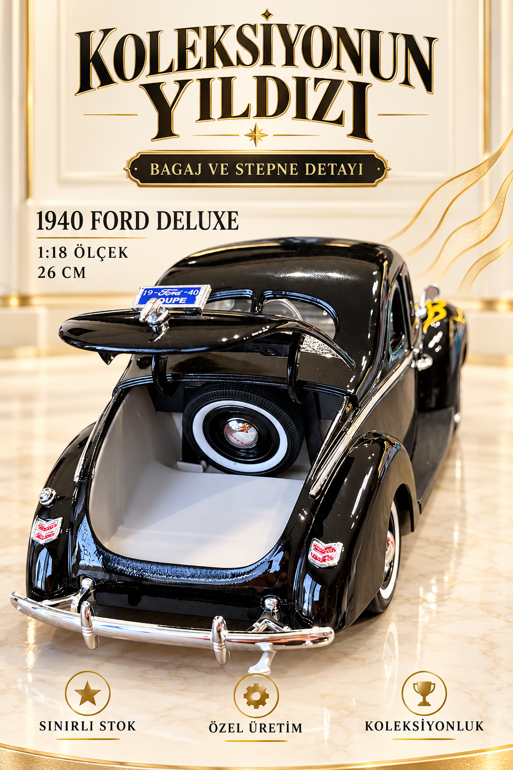 1940 Ford Deluxe Alev Desenli 1:18 Özel Üretim Model Araba | 26 cm