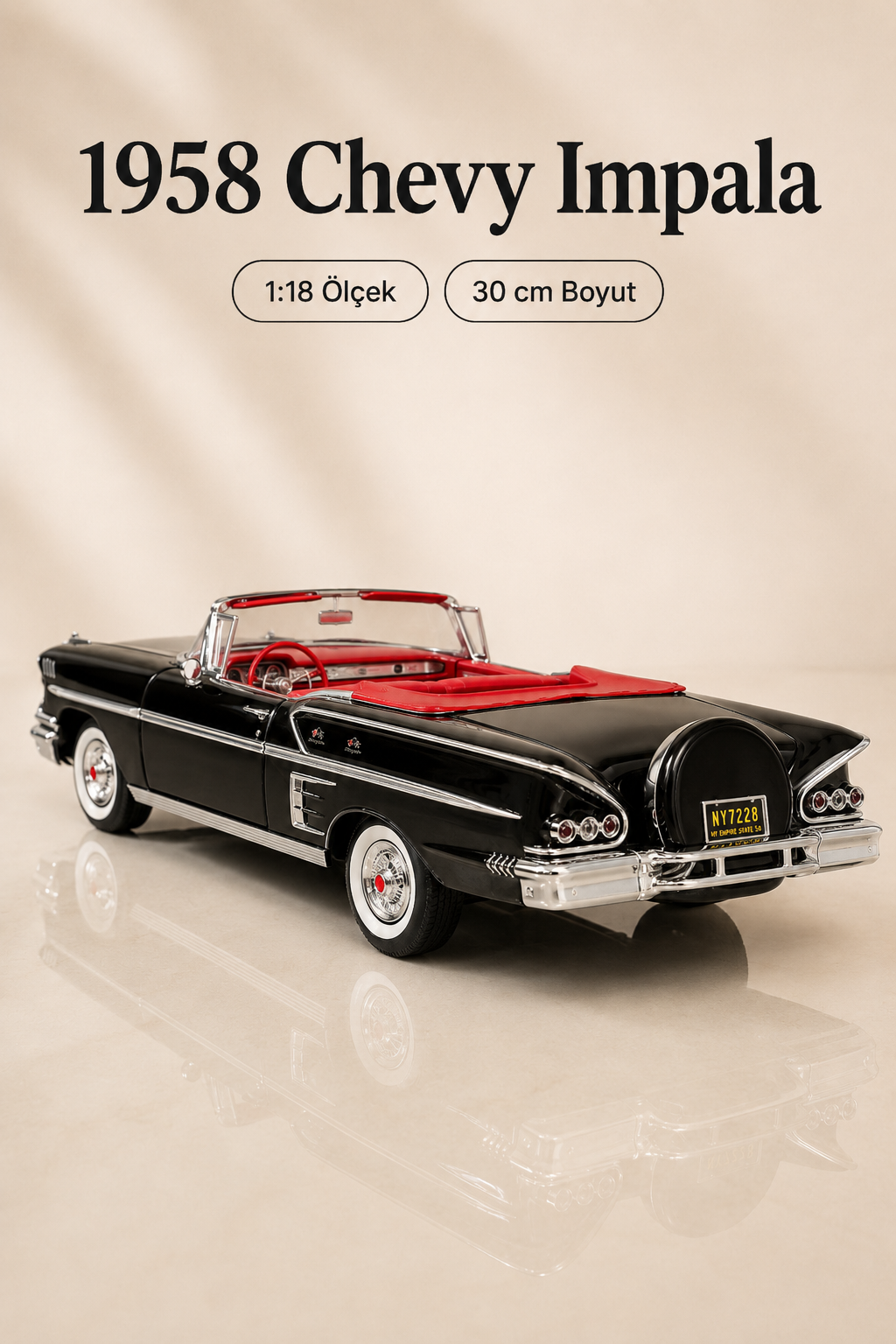 1958 Chevrolet Impala Siyah Cabrio 1:18 Ölçek 30 cm Model Araba