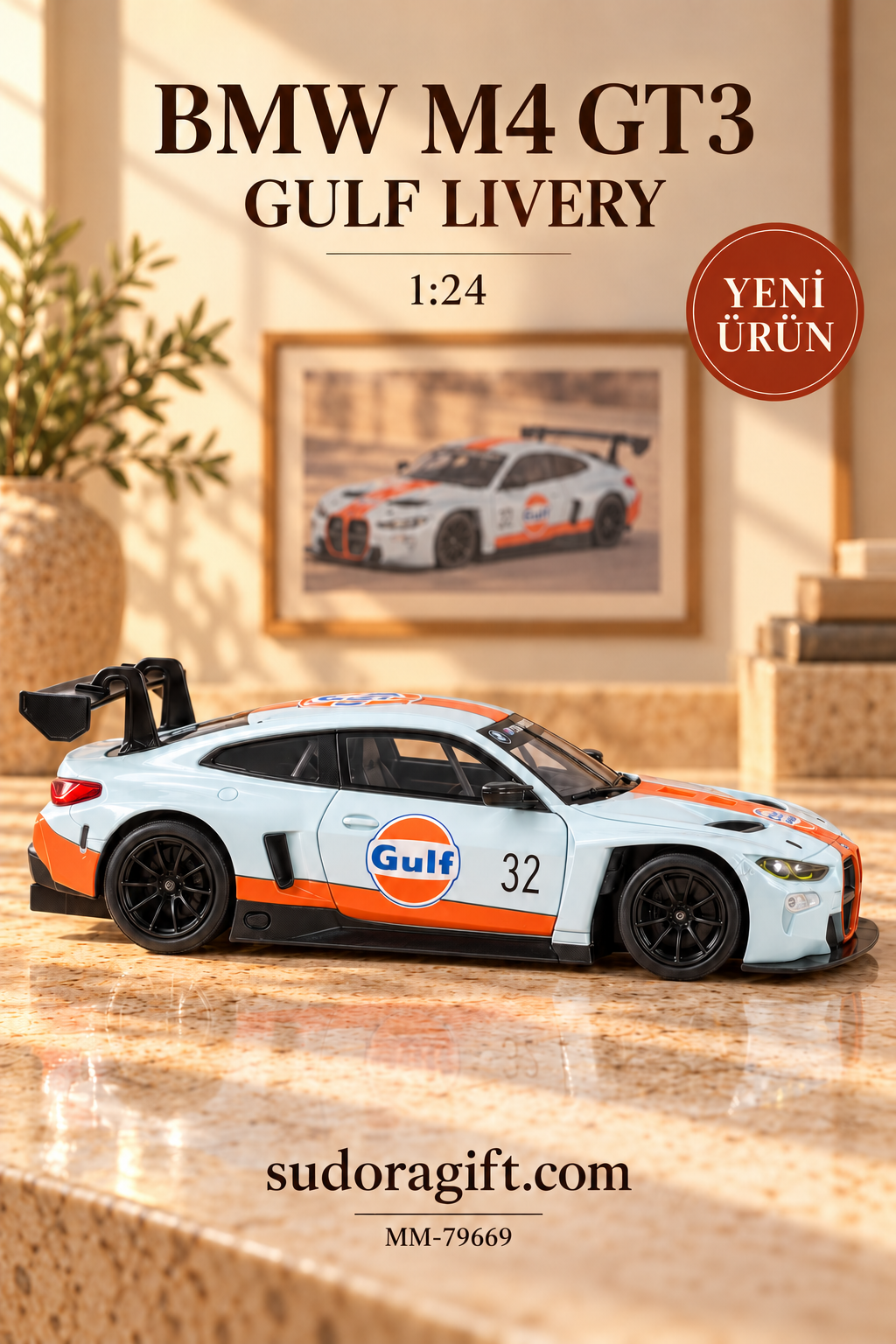 Motormax Gulf BMW M4 GT3 1:24 Metal Model Araba – MM-79669 – Sag Gorunum