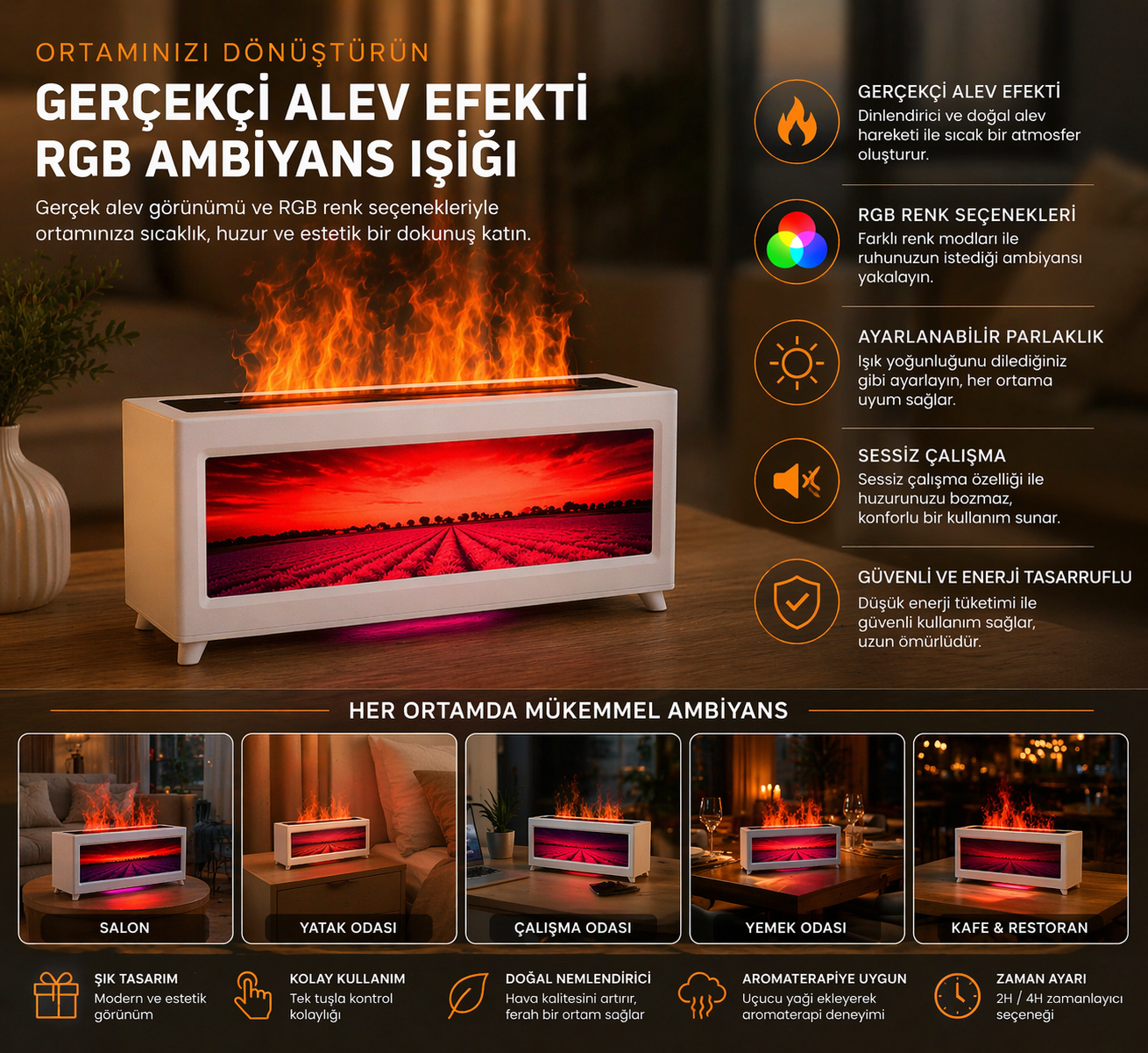 Alev Efektli Lavanta Bahçe Dekorasyon Hava Nemlendirici (Isıtmasız)