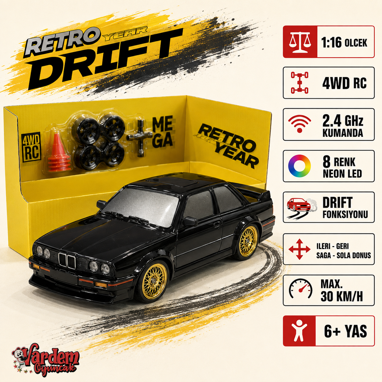 Retro Drift 1:16 Ölçek 4WD Kumandalı RC Drift Araba - 8 Renk Neon LED
