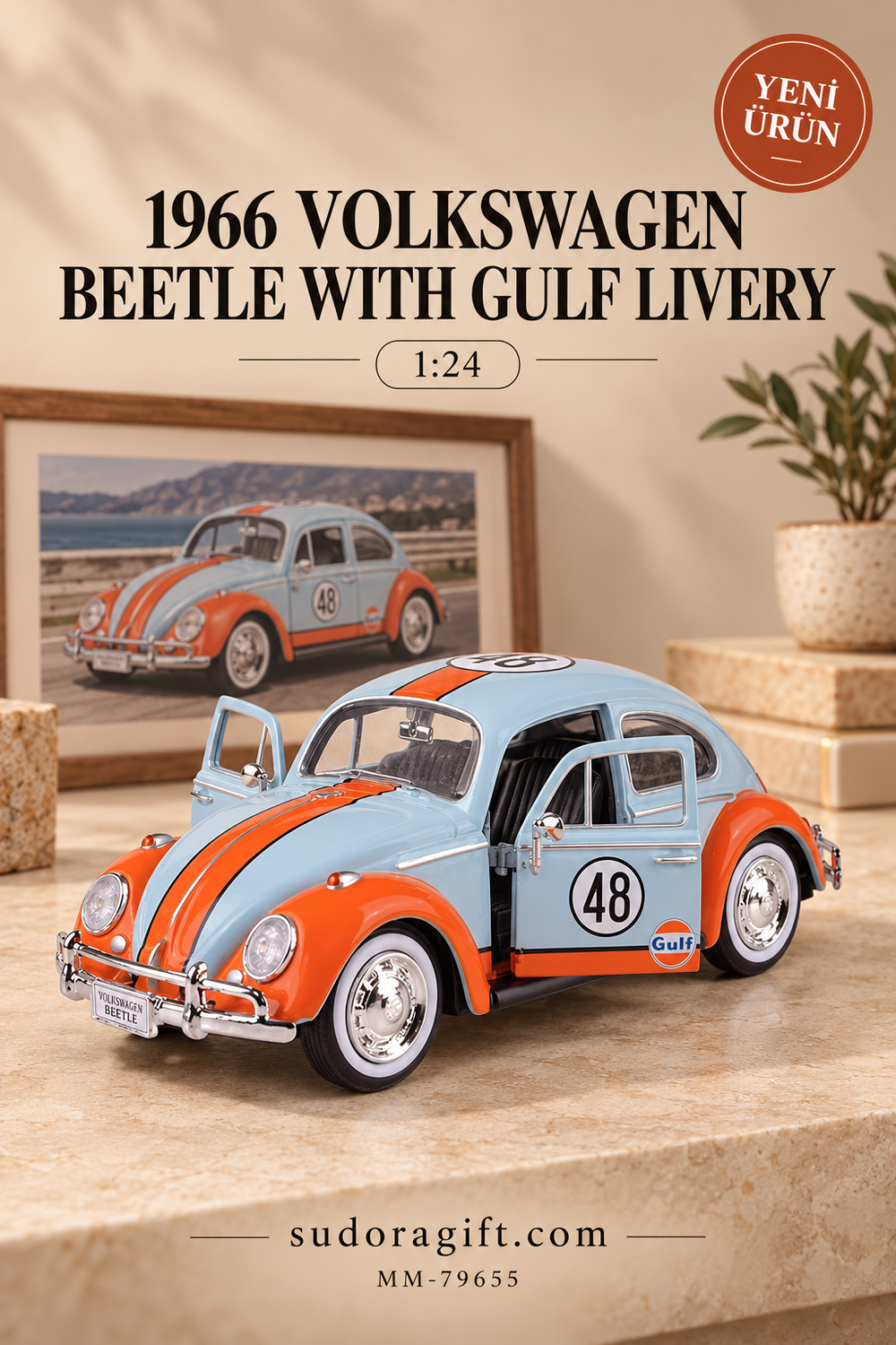 Motormax 1966 Volkswagen Beetle Gulf 1:24 Metal Model Araba – MM-79655 – Kapıları açık