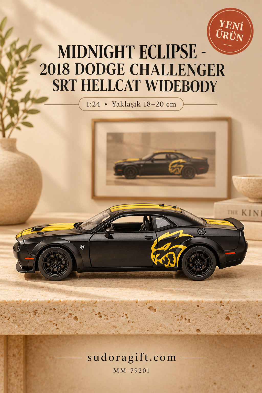 Motormax Midnight Eclipse 2018 Dodge Challenger SRT Hellcat Widebody 1:24 Metal Model Araba – MM-79201 – Sol görünüm