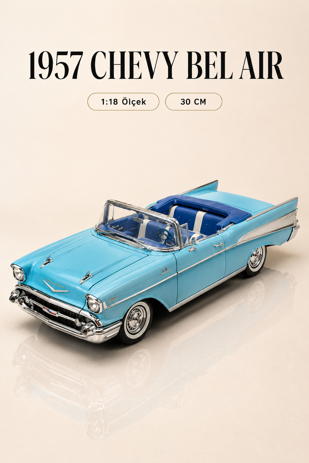 1957 Chevrolet Bel Air Mavi Cabrio 1:18 Ölçek 30 cm Model Araba