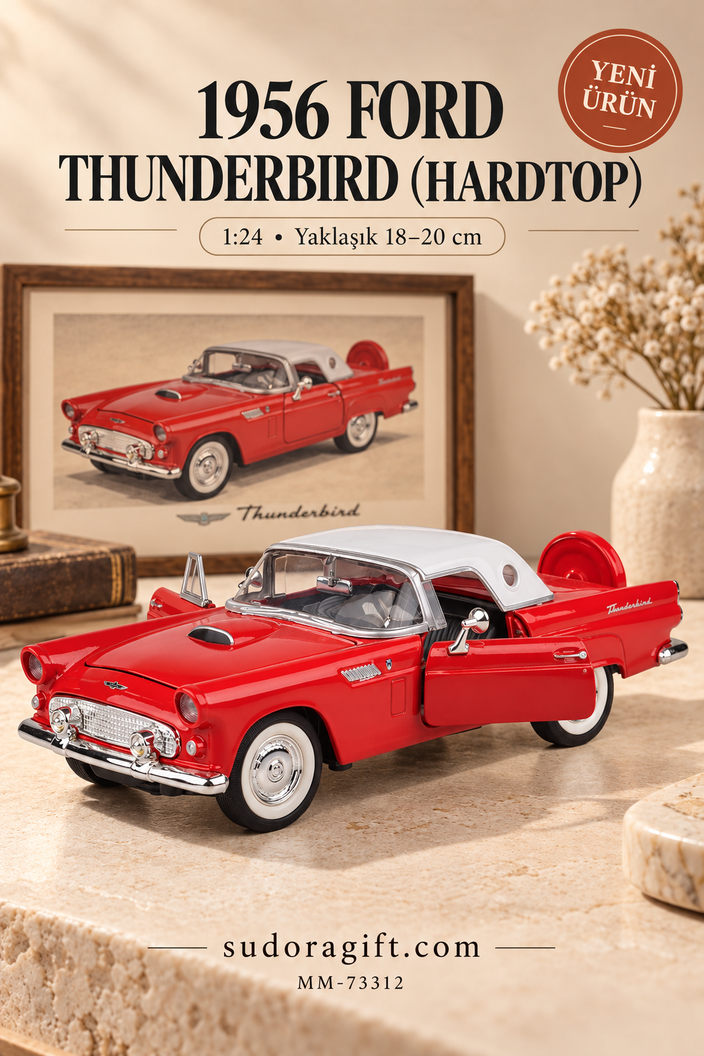 Motormax 1956 Ford Thunderbird Hardtop 1:24 Metal Model Araba – MM-73312 – Kapıları açık