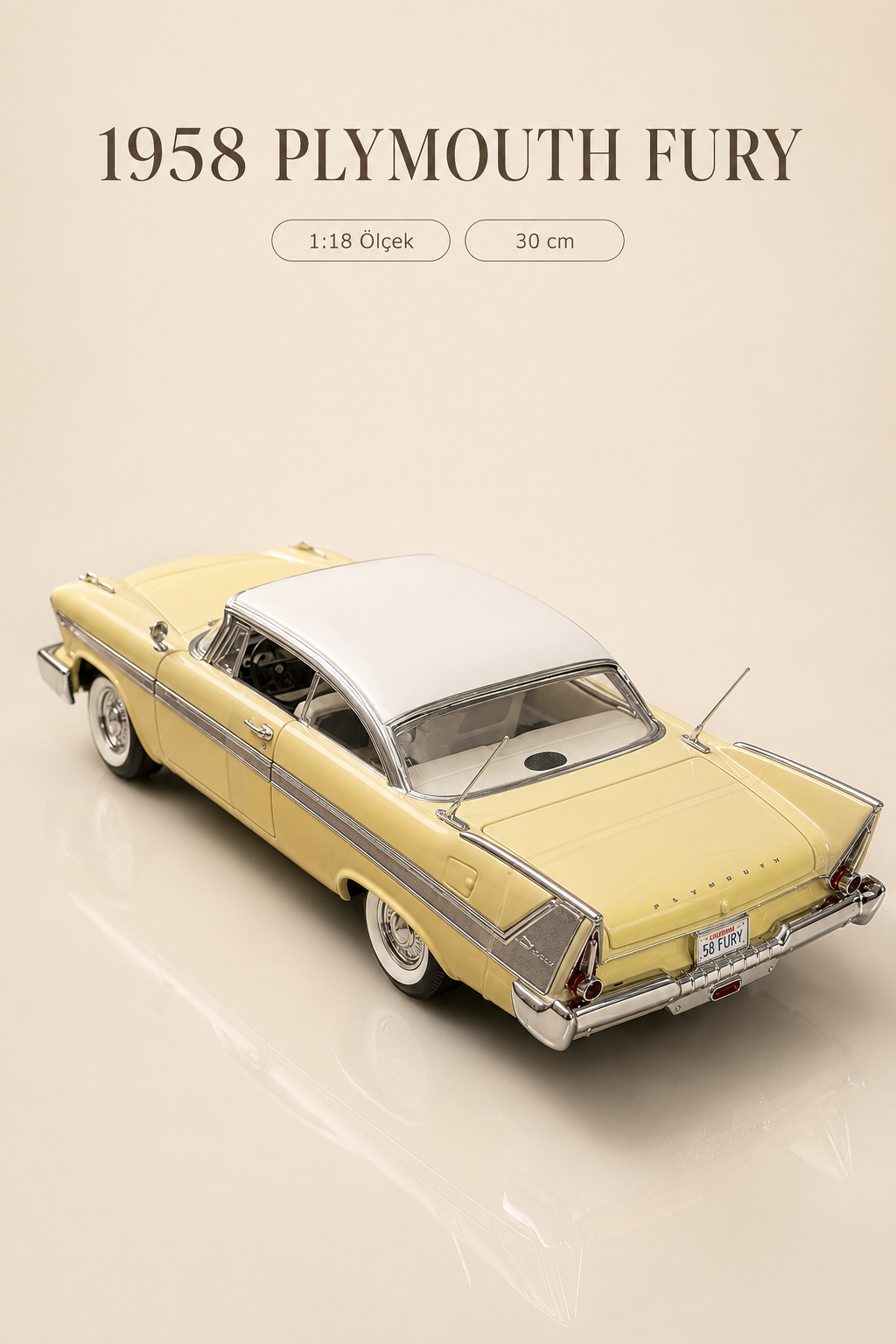 1958 Plymouth Fury Sarı Beyaz 1:18 Ölçek 30 cm Koleksiyonluk Model Araba