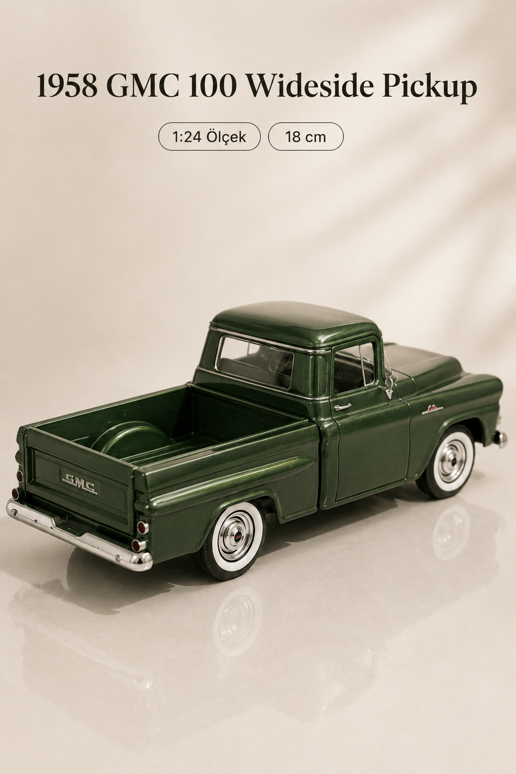 1958 GMC 100 Wideside Pickup Koyu Yeşil 1:24 Ölçek 18 cm Model Araba