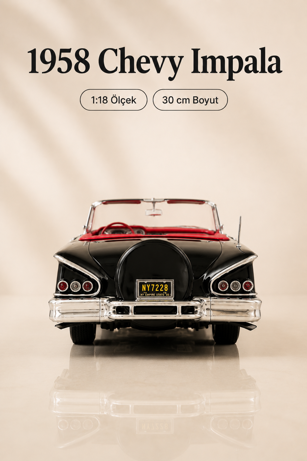 1958 Chevrolet Impala Siyah Cabrio 1:18 Ölçek 30 cm Model Araba