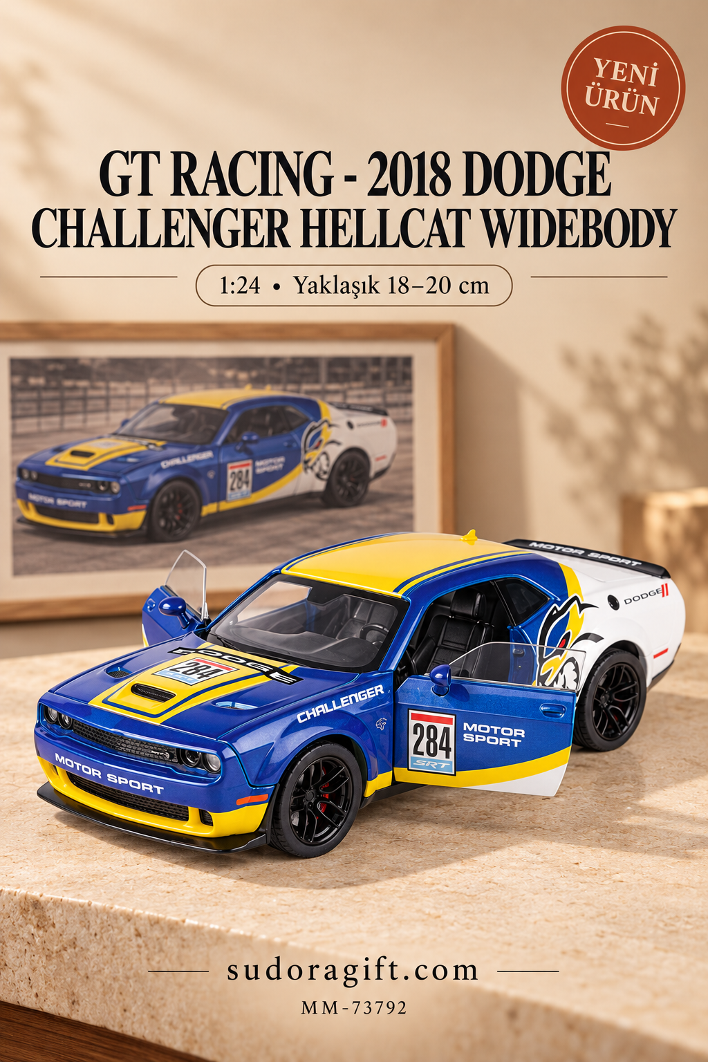 Motormax GT Racing 2018 Dodge Challenger Hellcat Widebody 1:24 Metal Model Araba – MM-73792 – Kapıları açık