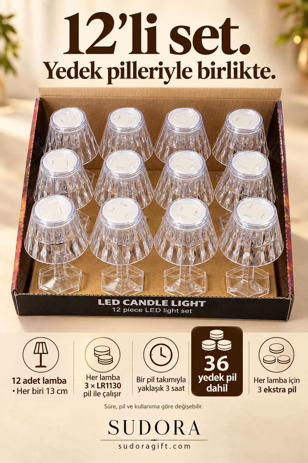 Sudora 12’li Mini LED Masa Lambası Seti 13 cm Pilli Kafe Restoran Dekoru + Yedek Pilli