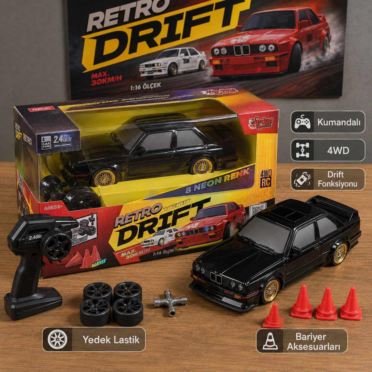 Retro Drift 1:16 Ölçek 4WD Kumandalı RC Drift Araba - 8 Renk Neon LED
