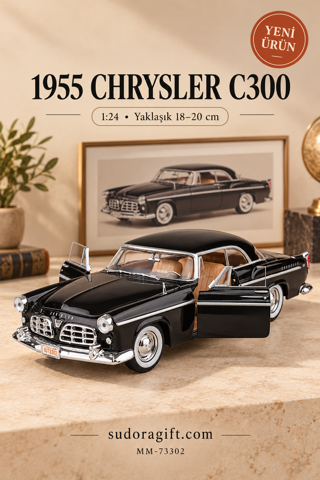 Motormax 1955 Chrysler C300 1:24 Metal Model Araba – MM-73302 – Kapıları açık