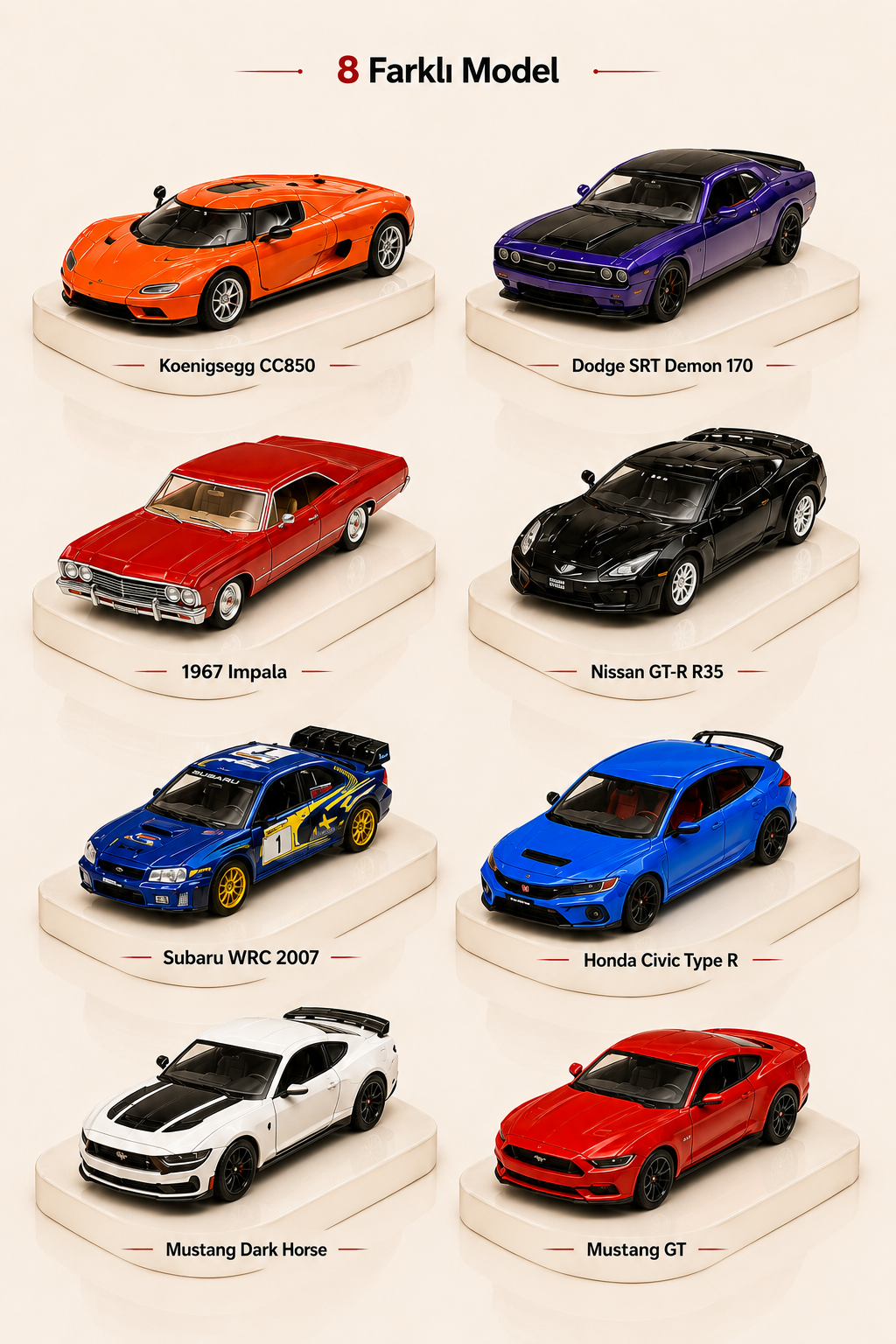 Die-Cast Koleksiyonluk Araba Seti - 8 Model Tek Pakette