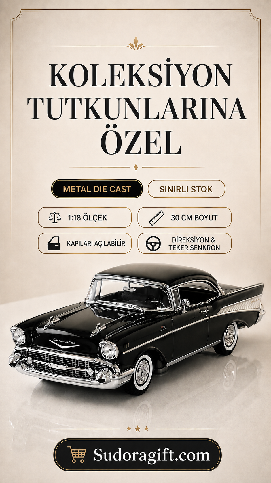 1957 Chevrolet Bel Air Siyah Coupe 1:18 Ölçek 30 cm Model Araba