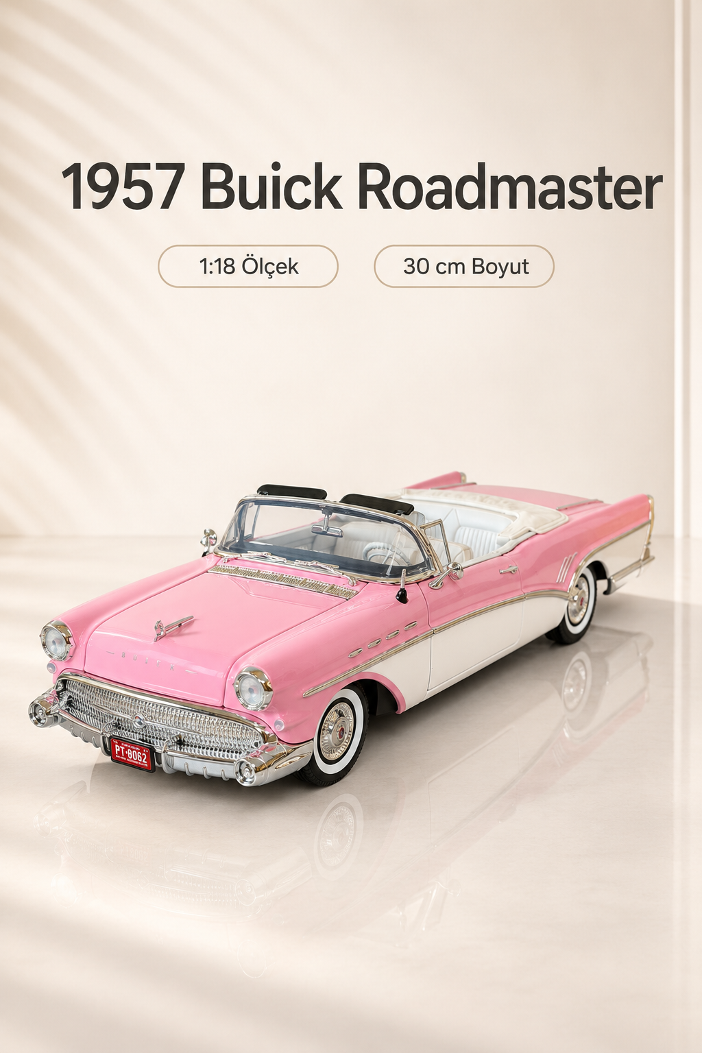 1957 Buick Roadmaster Pembe Beyaz Cabrio 1:18 Ölçek 30 cm Model Araba