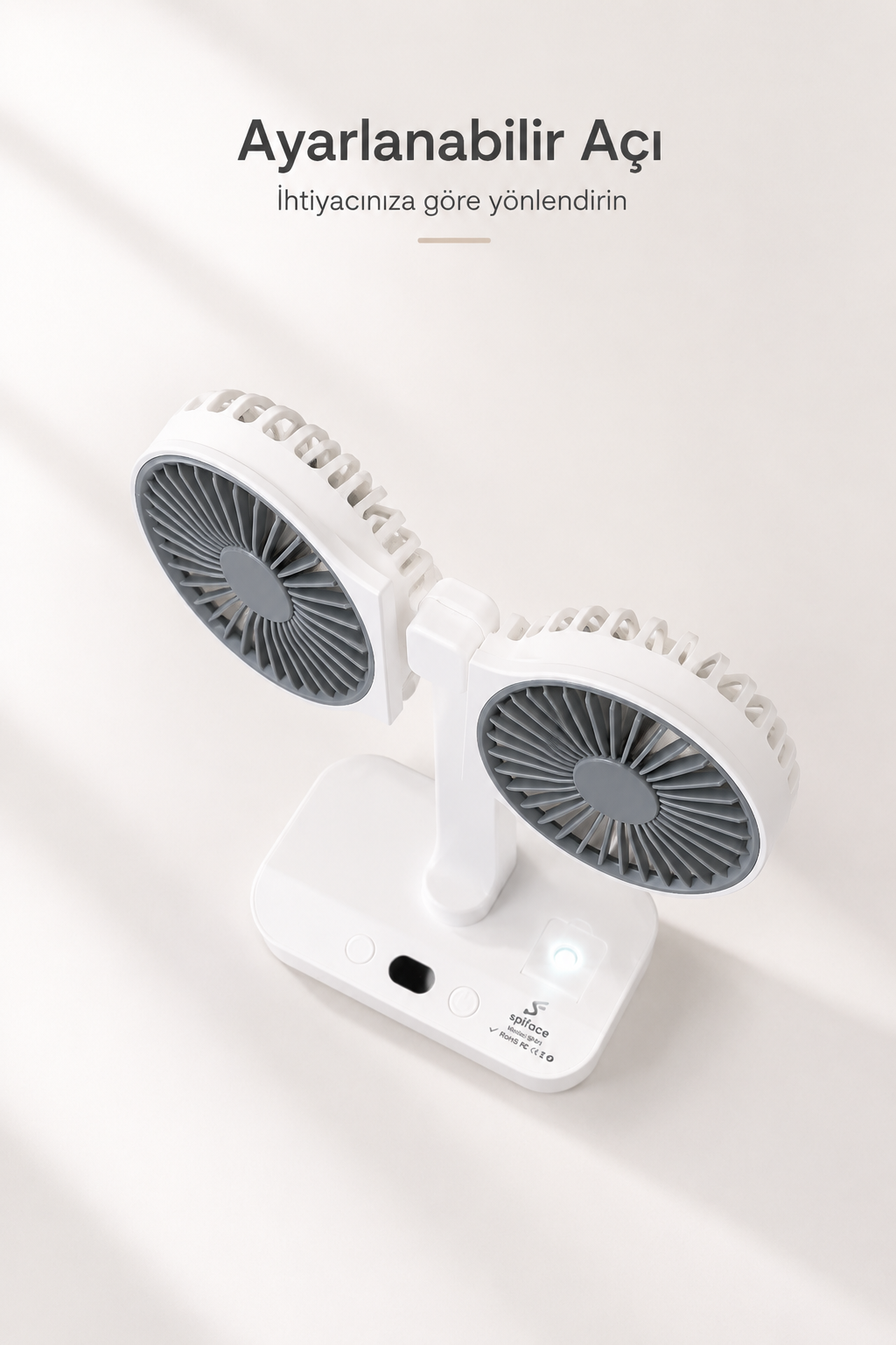 Çok Yönlü Taşınabilir Vantilatör – Çift Başlıklı, Asılabilir ve LED Işıklı Mini Fan