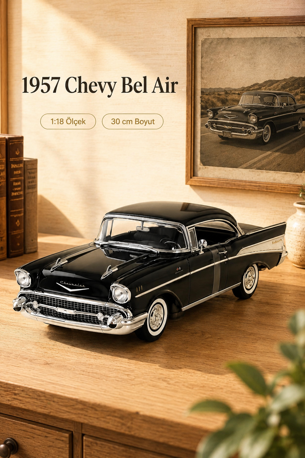 1957 Chevrolet Bel Air Siyah Coupe 1:18 Ölçek 30 cm Model Araba