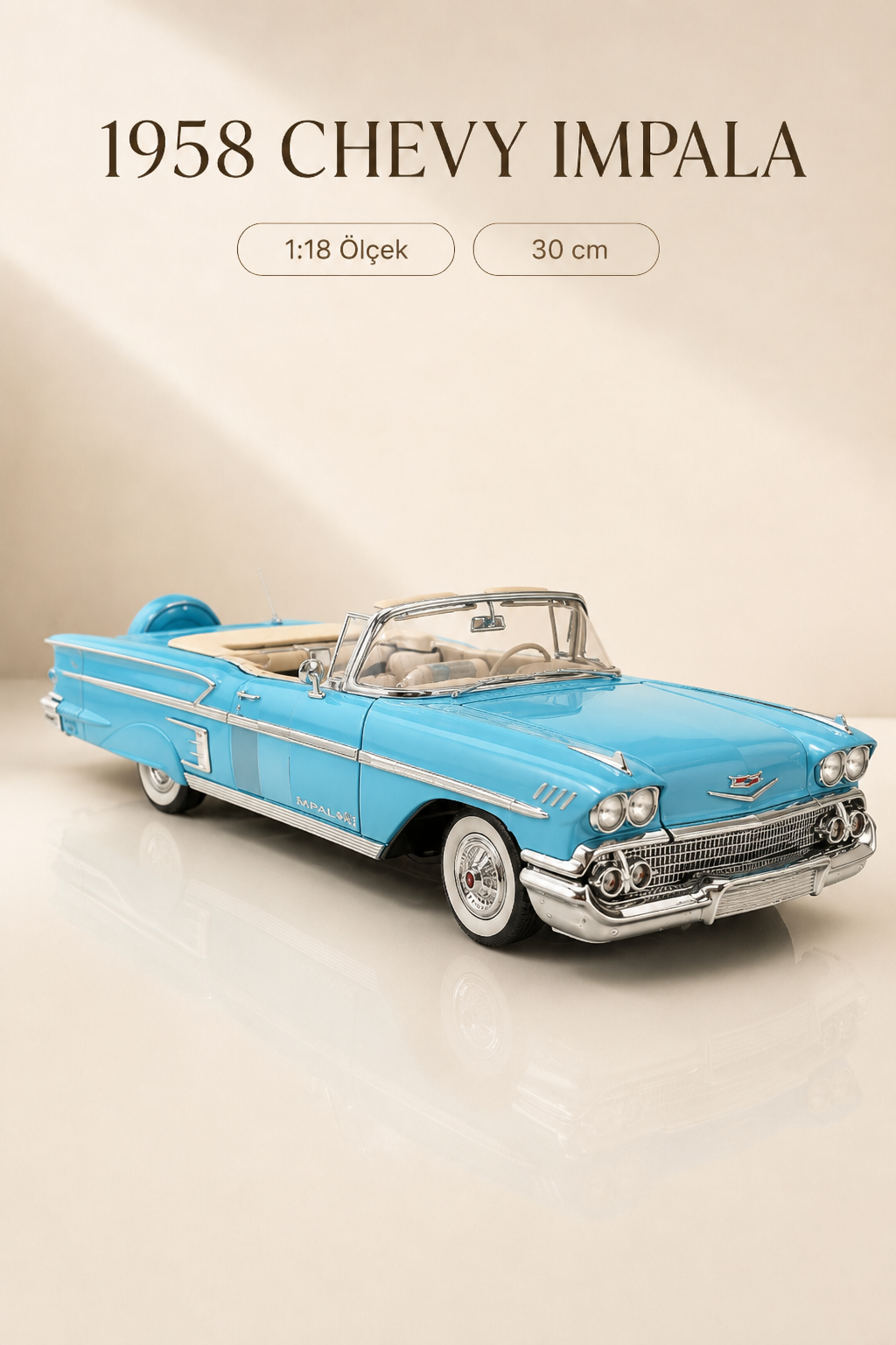 1958 Chevrolet Impala Mavi Cabrio 1:18 Ölçek 30 cm Model Araba