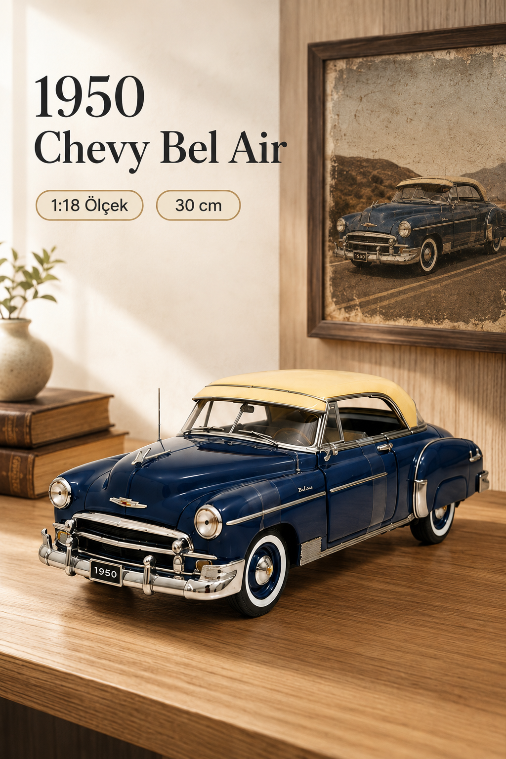 1950 Chevy Bel Air 1:18 Koyu Mavi Ölçek 30 cm Metal Die Cast Model Araba