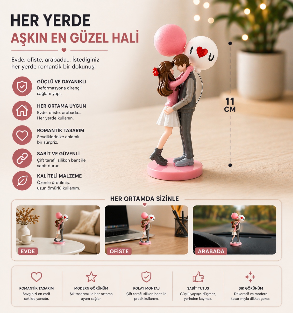 Sevgiliye Hediye Araç İçi Aksesuarı – Balon Tutan Çift Romantik Dekor - 11 cm