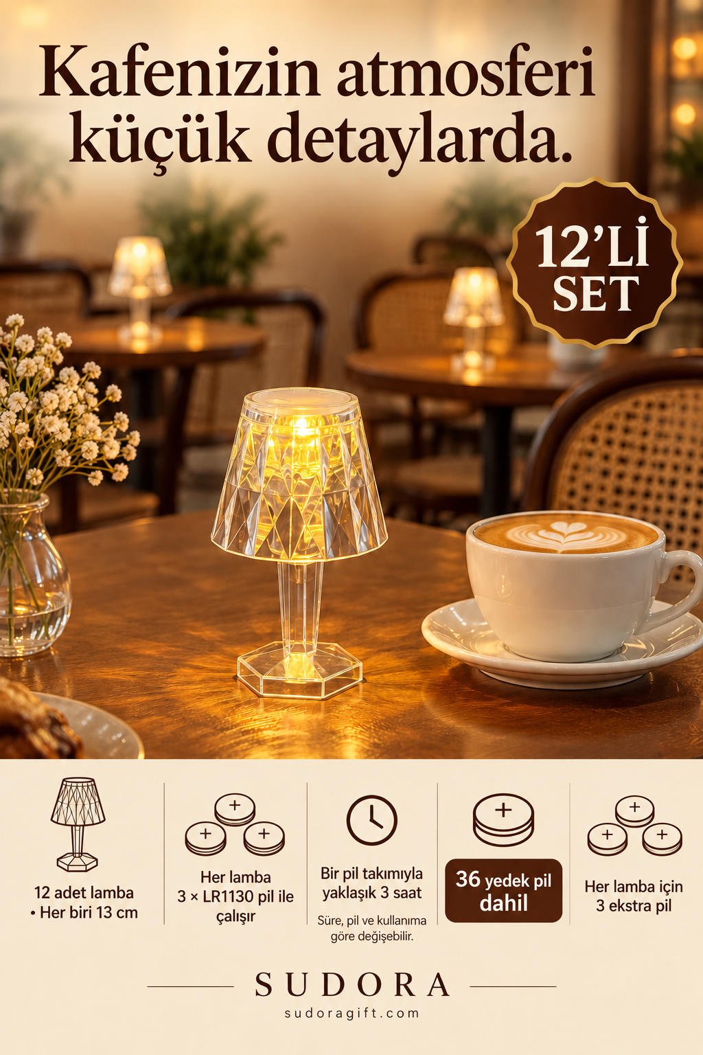 Sudora 12’li Mini LED Masa Lambası Seti 13 cm Pilli Kafe Restoran Dekoru + Yedek Pilli